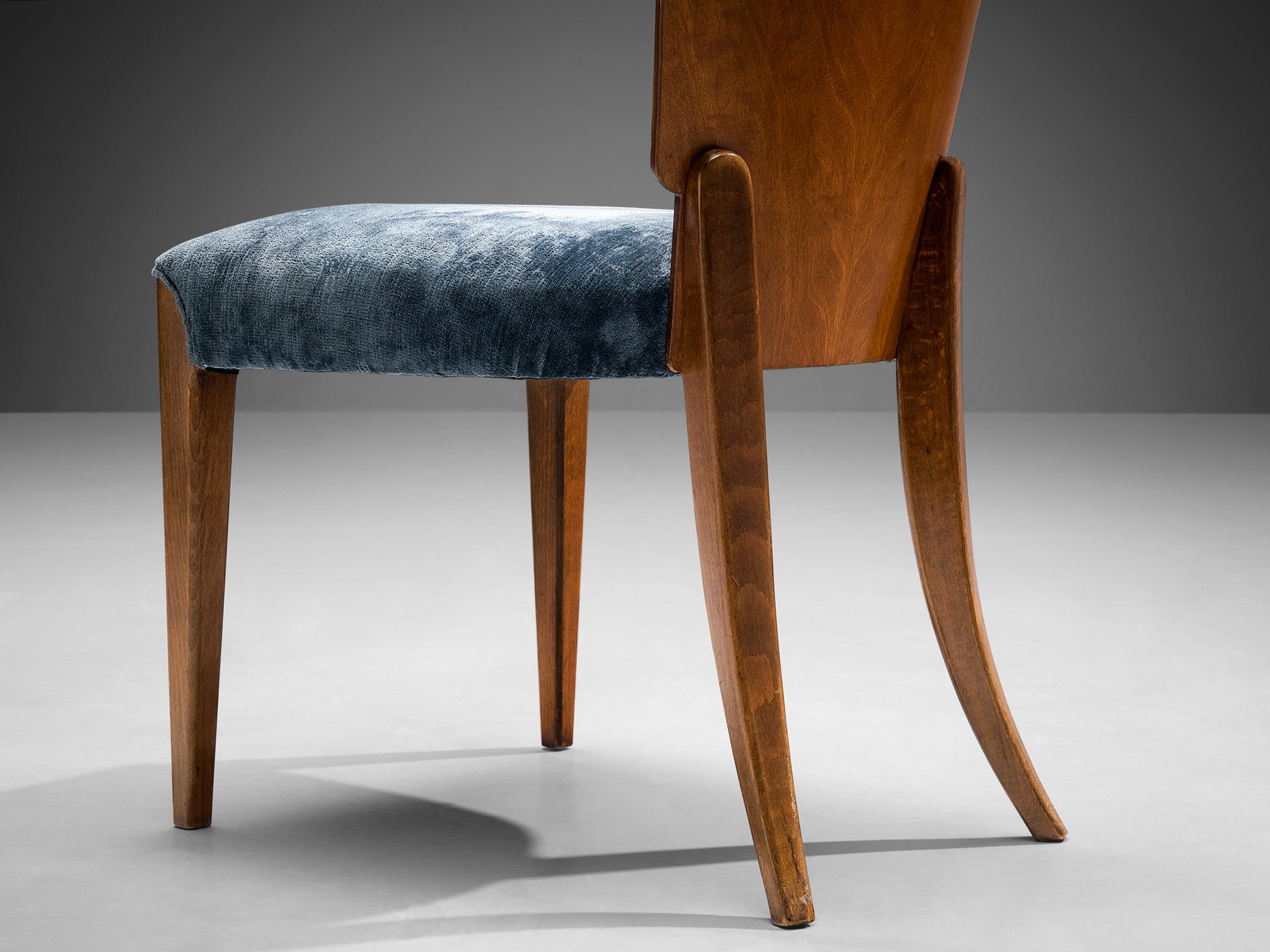 Restored and Reupholstered Set of Six Art Deco Chairs in Walnut and Blue Velvet For Sale 1