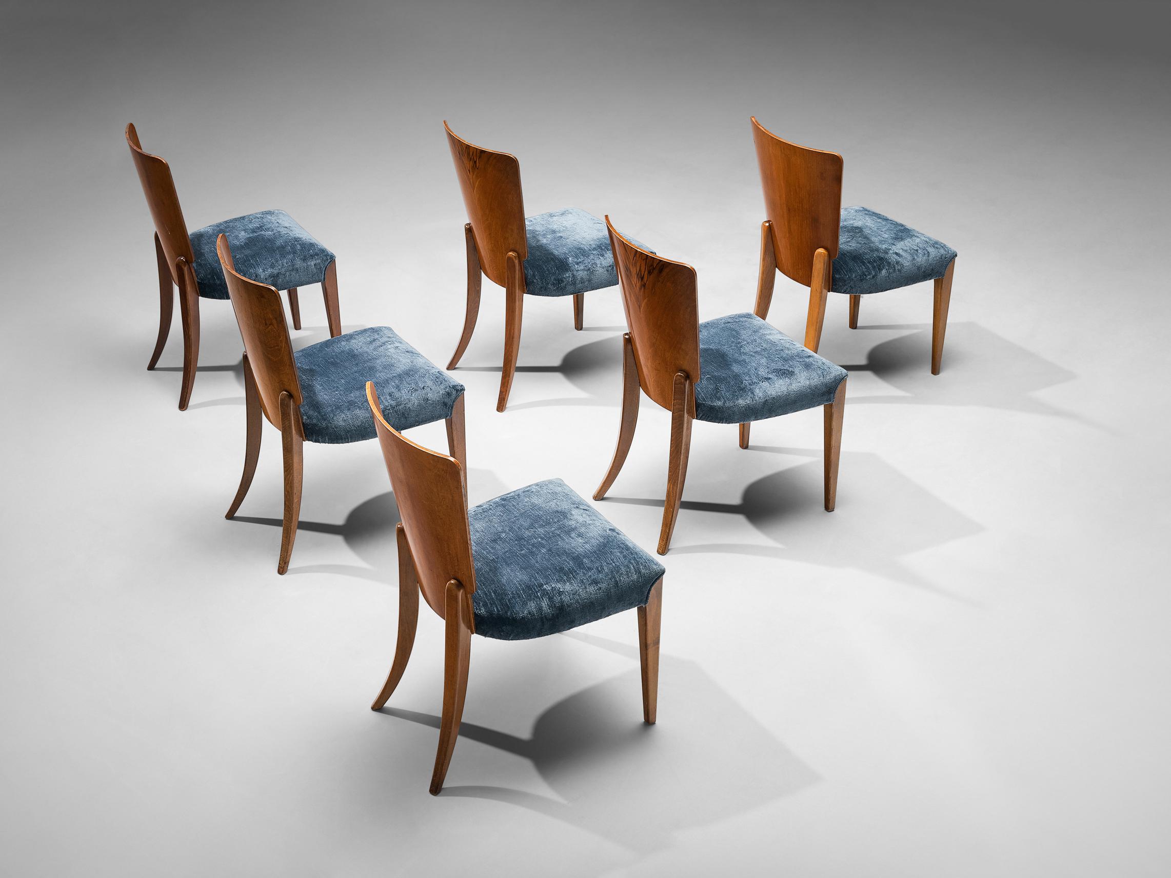 Restored and Reupholstered Set of Six Art Deco Chairs in Walnut and Blue Velvet For Sale 2