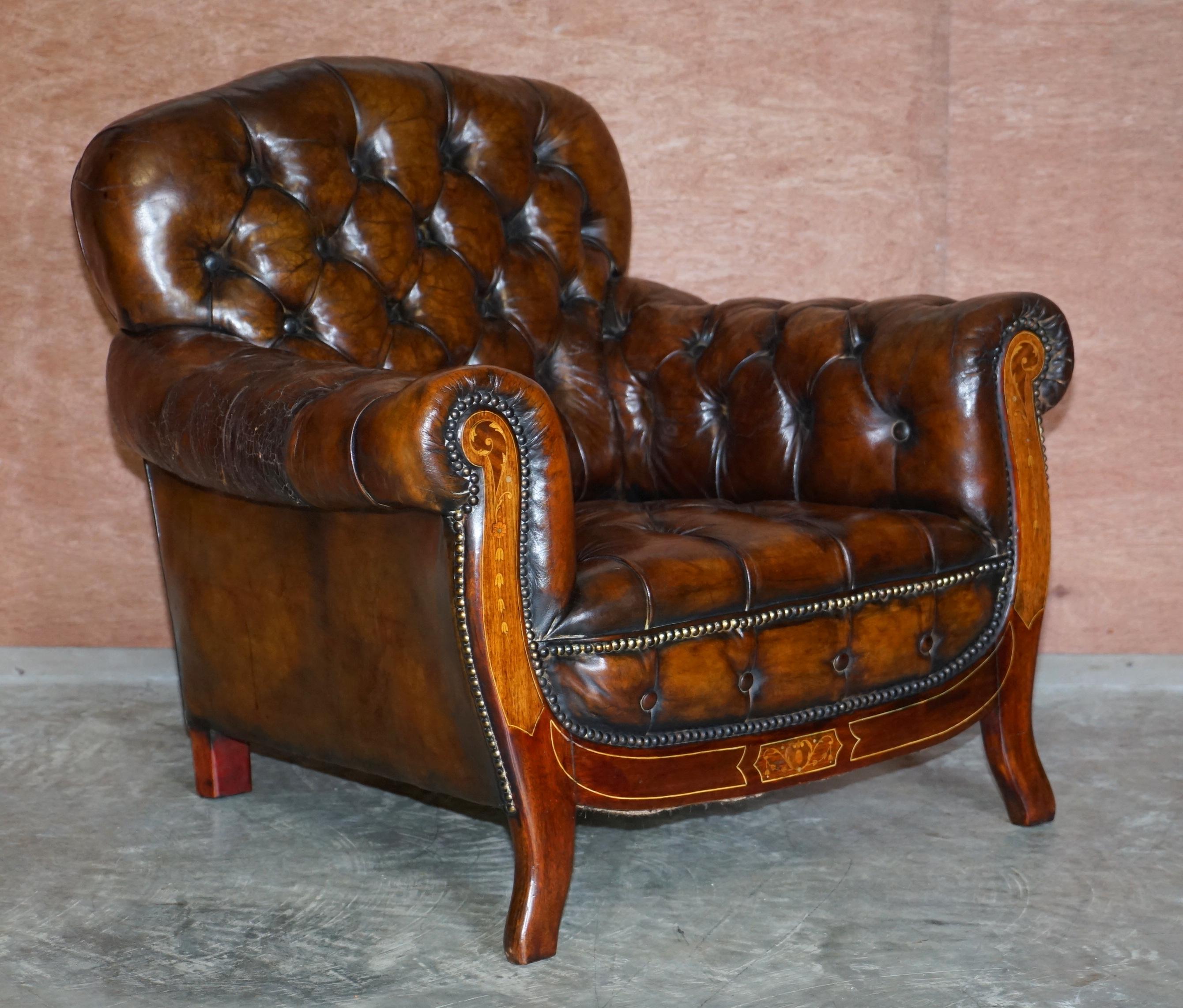 Restored Antique Art Nouveau Chesterfield Brown Leather Sofa Armchairs Suite 5