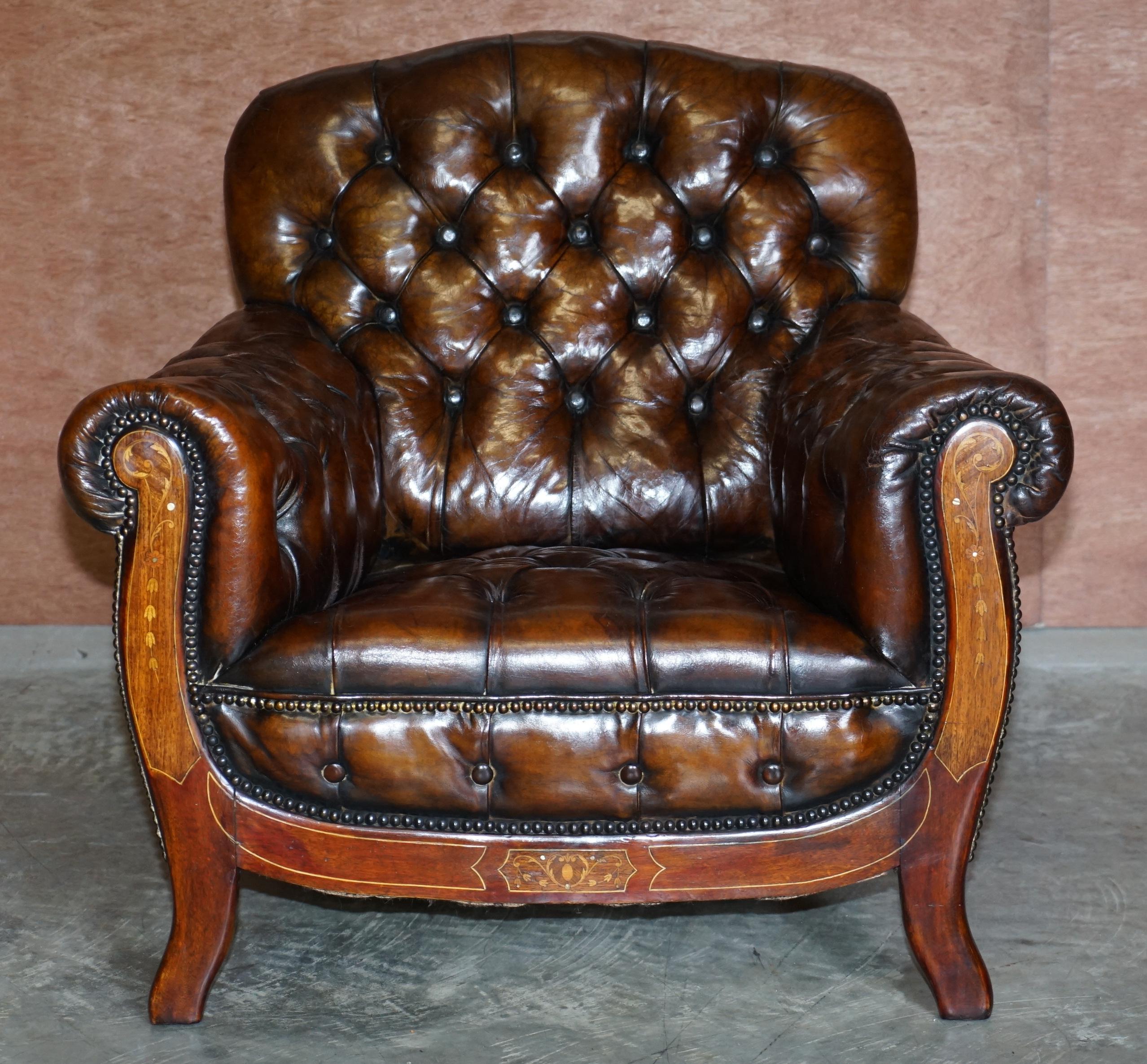 Restored Antique Art Nouveau Chesterfield Brown Leather Sofa Armchairs Suite 6