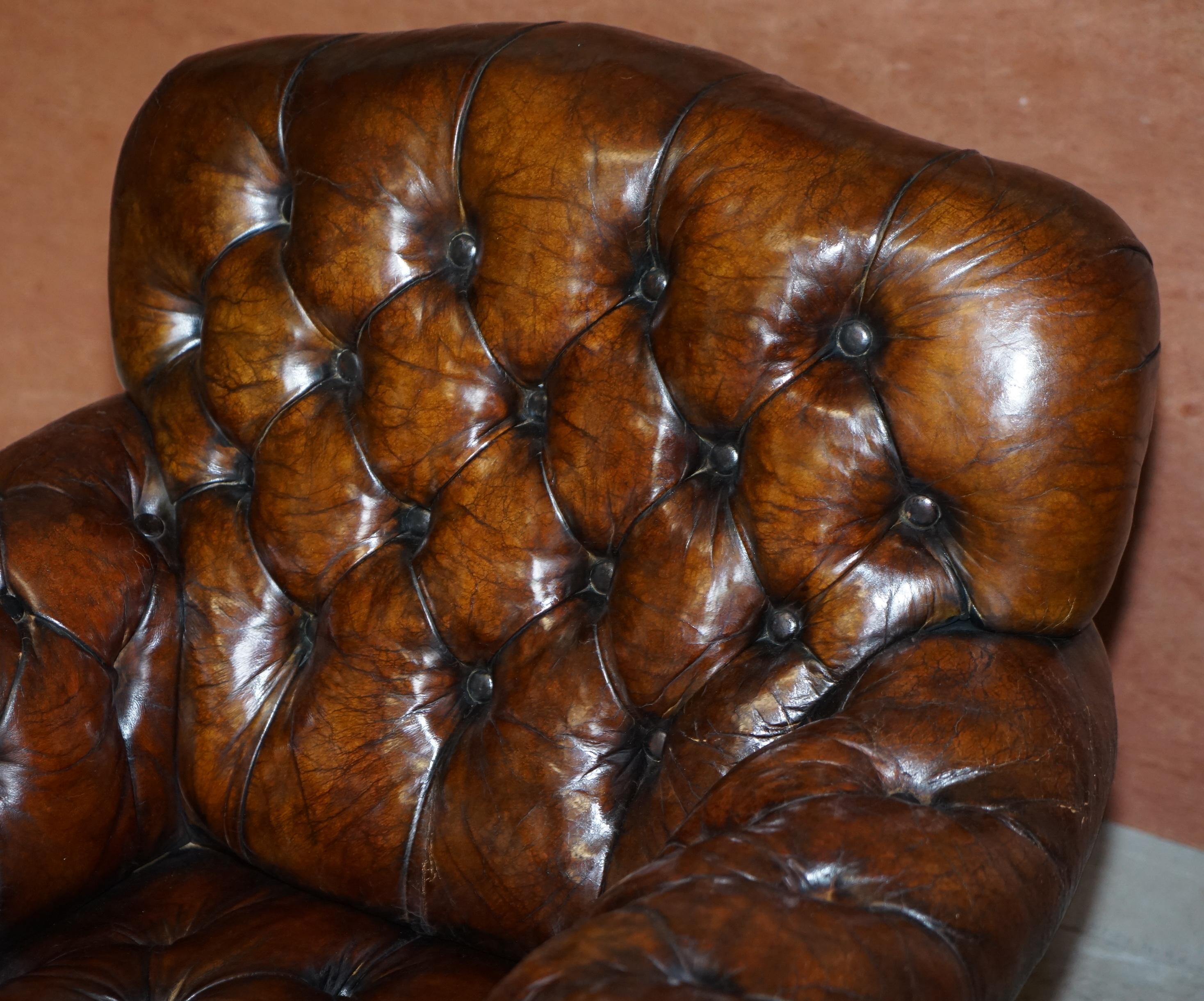 Restored Antique Art Nouveau Chesterfield Brown Leather Sofa Armchairs Suite 7