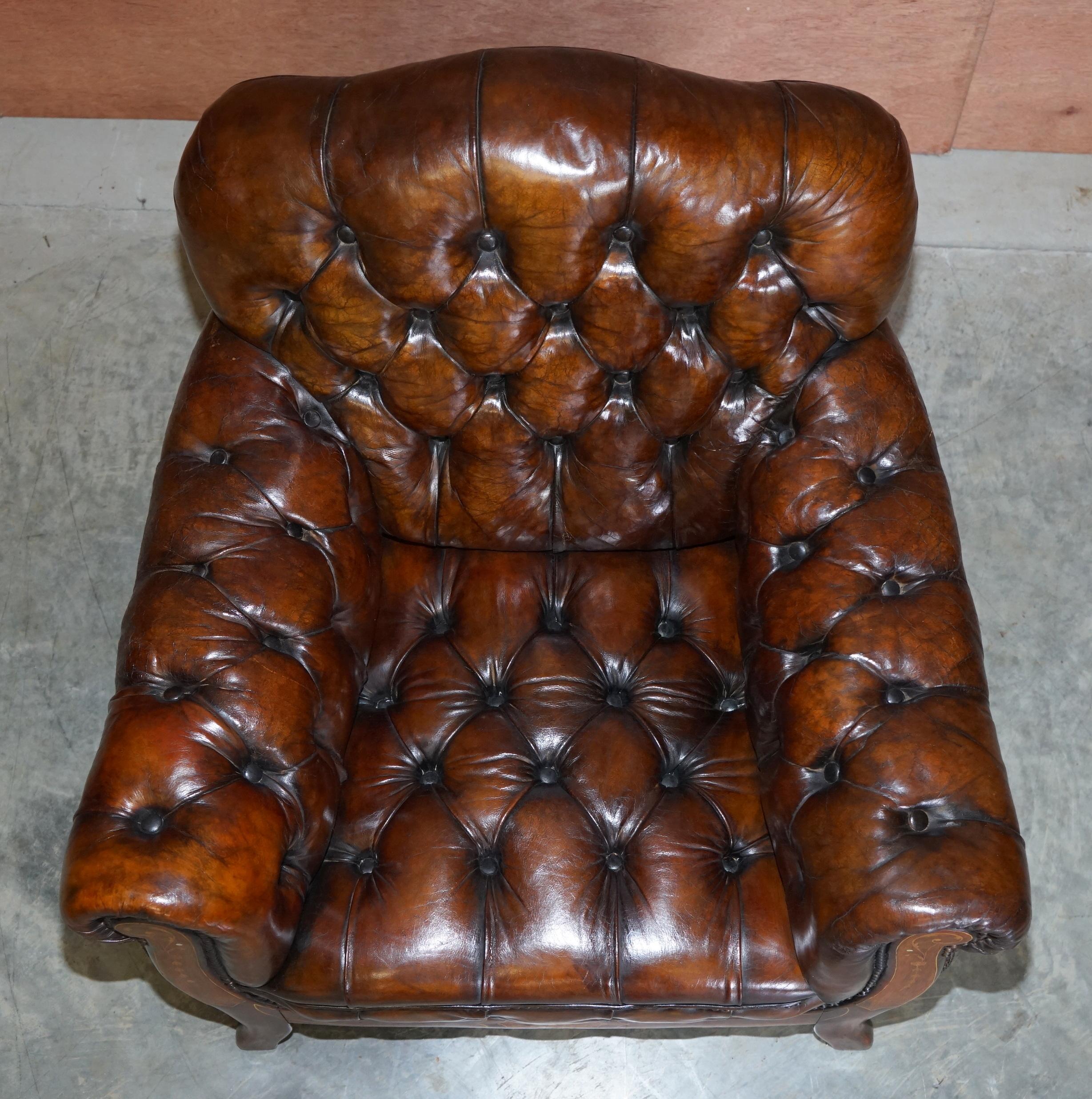 Restored Antique Art Nouveau Chesterfield Brown Leather Sofa Armchairs Suite 7