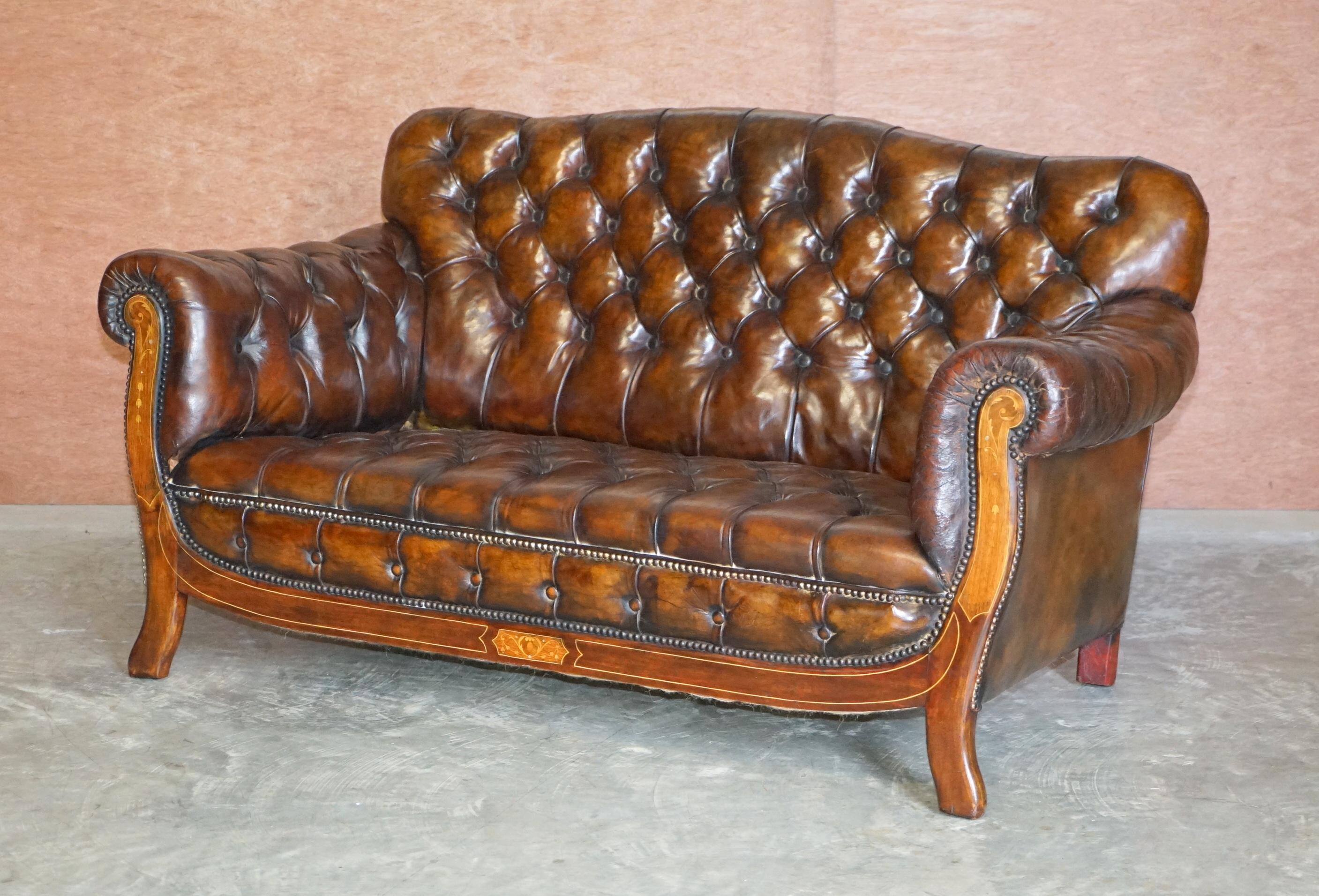 Restored Antique Art Nouveau Chesterfield Brown Leather Sofa Armchairs Suite 8