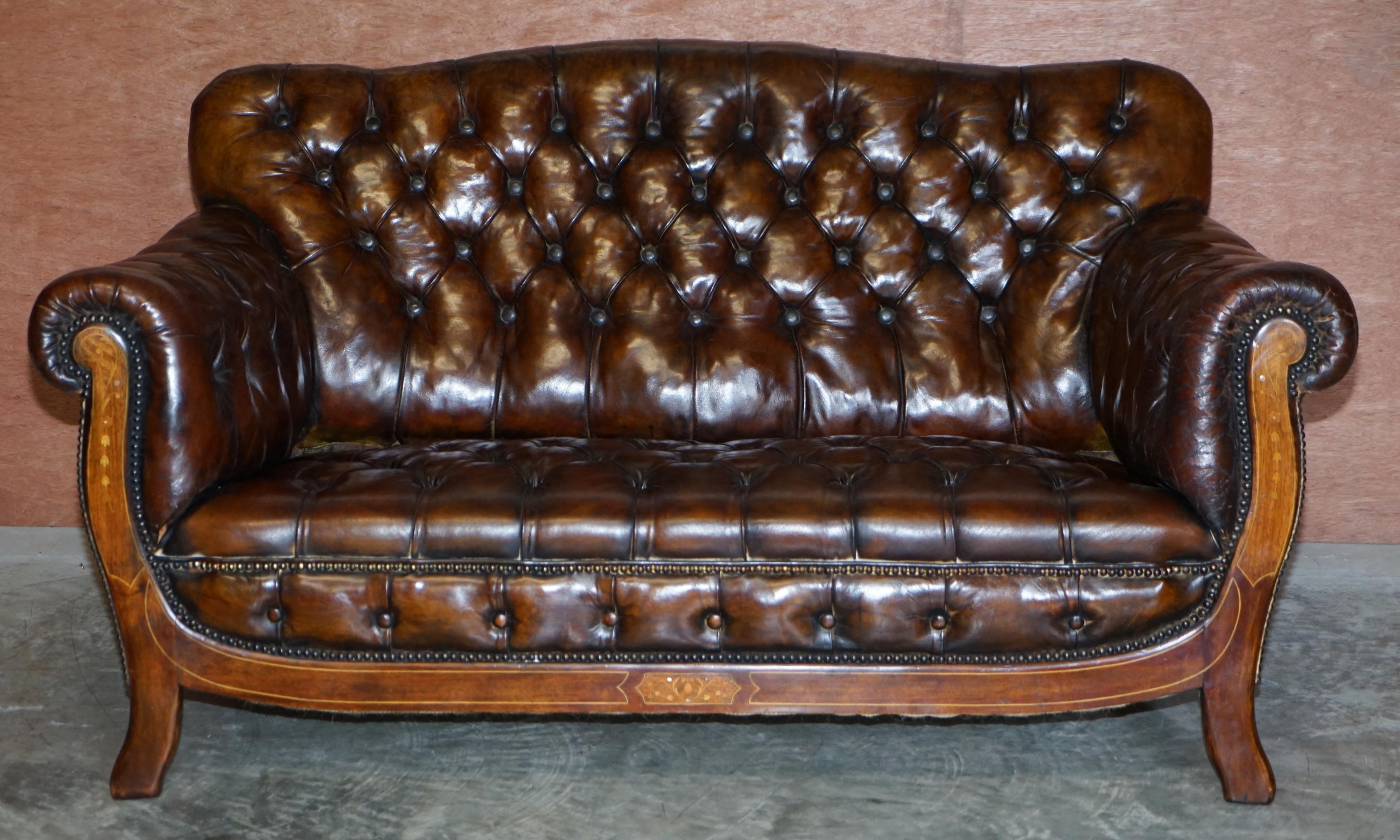 Restored Antique Art Nouveau Chesterfield Brown Leather Sofa Armchairs Suite 10