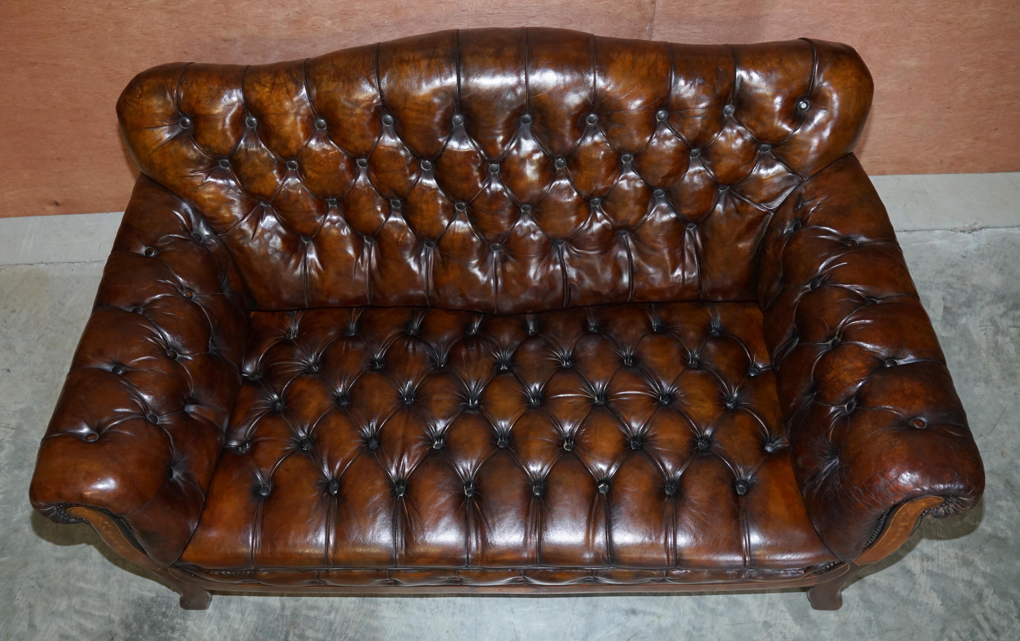 Restored Antique Art Nouveau Chesterfield Brown Leather Sofa Armchairs Suite 11
