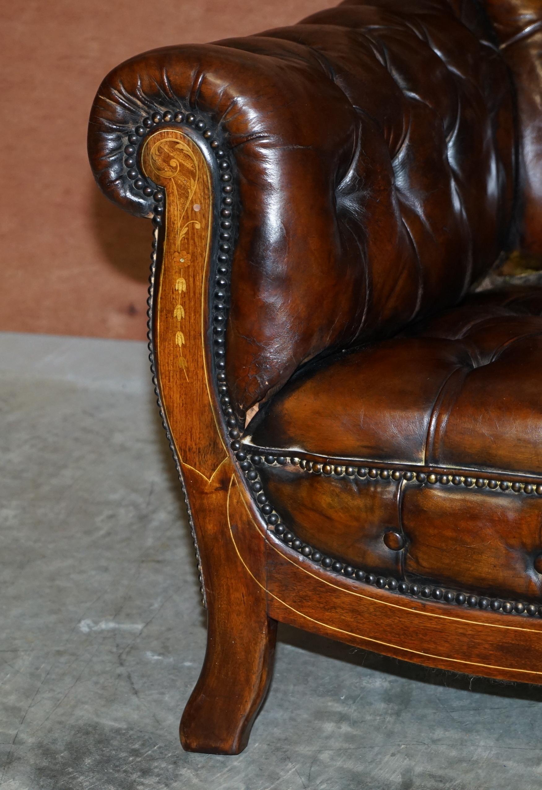 Restored Antique Art Nouveau Chesterfield Brown Leather Sofa Armchairs Suite 12