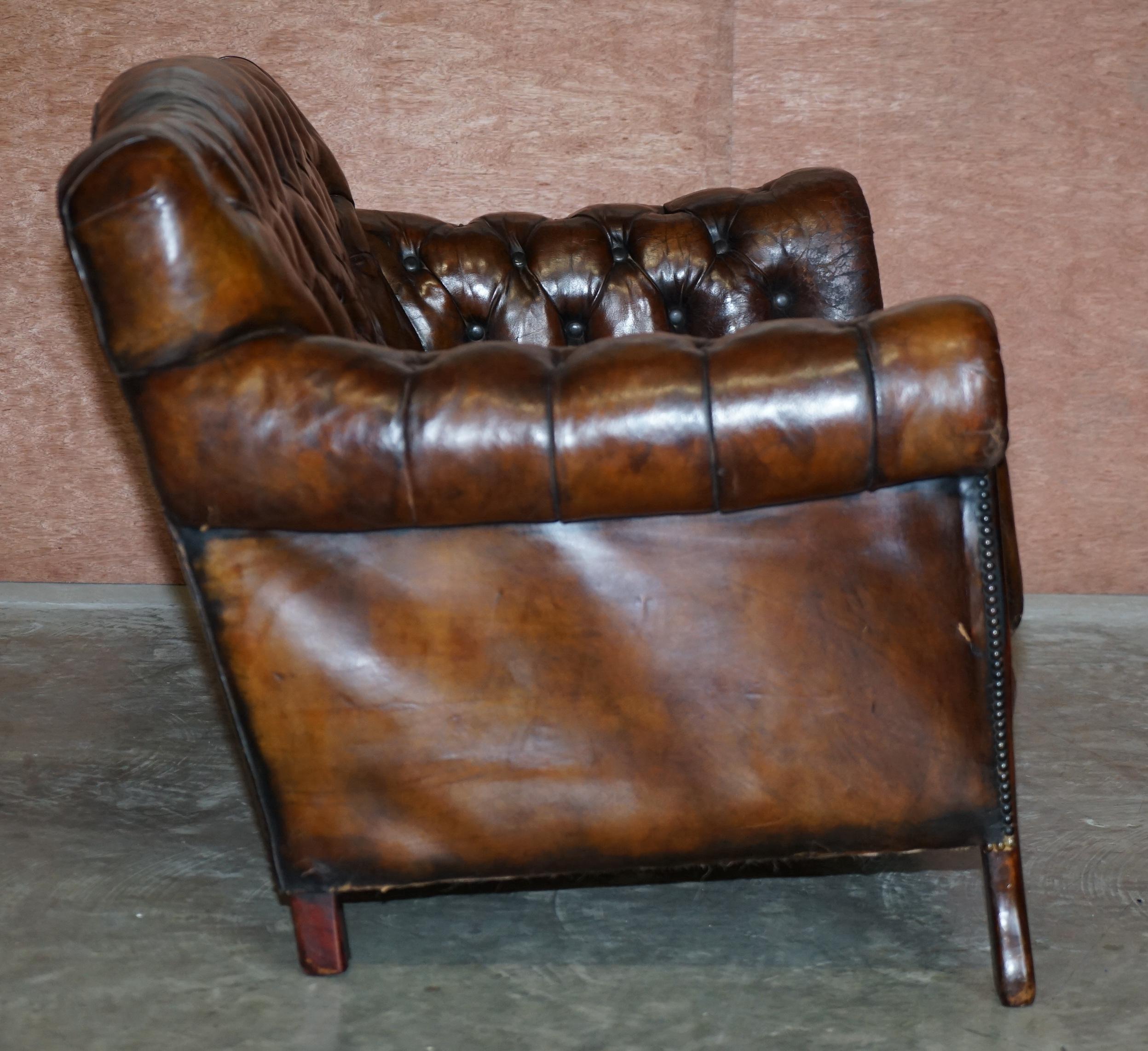 Restored Antique Art Nouveau Chesterfield Brown Leather Sofa Armchairs Suite 14