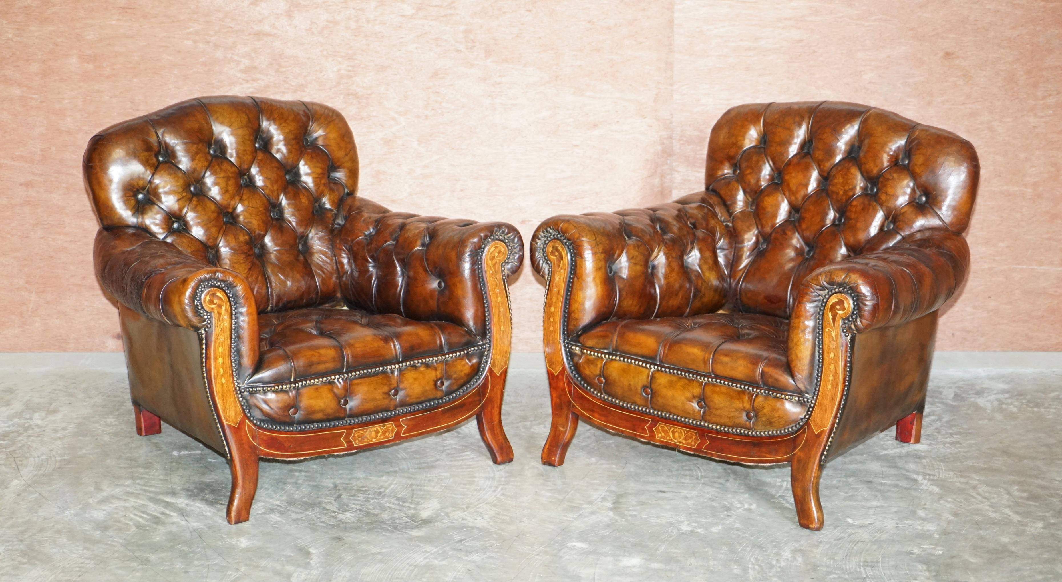 We are delighted to offer for sale this very rare, fully restored, highly collectable Art Nouveau Chesterfield brown leather three-piece suite with hardwood & Satinwood frames inlaid with mother of pearl

What can I say, this suite has been on a