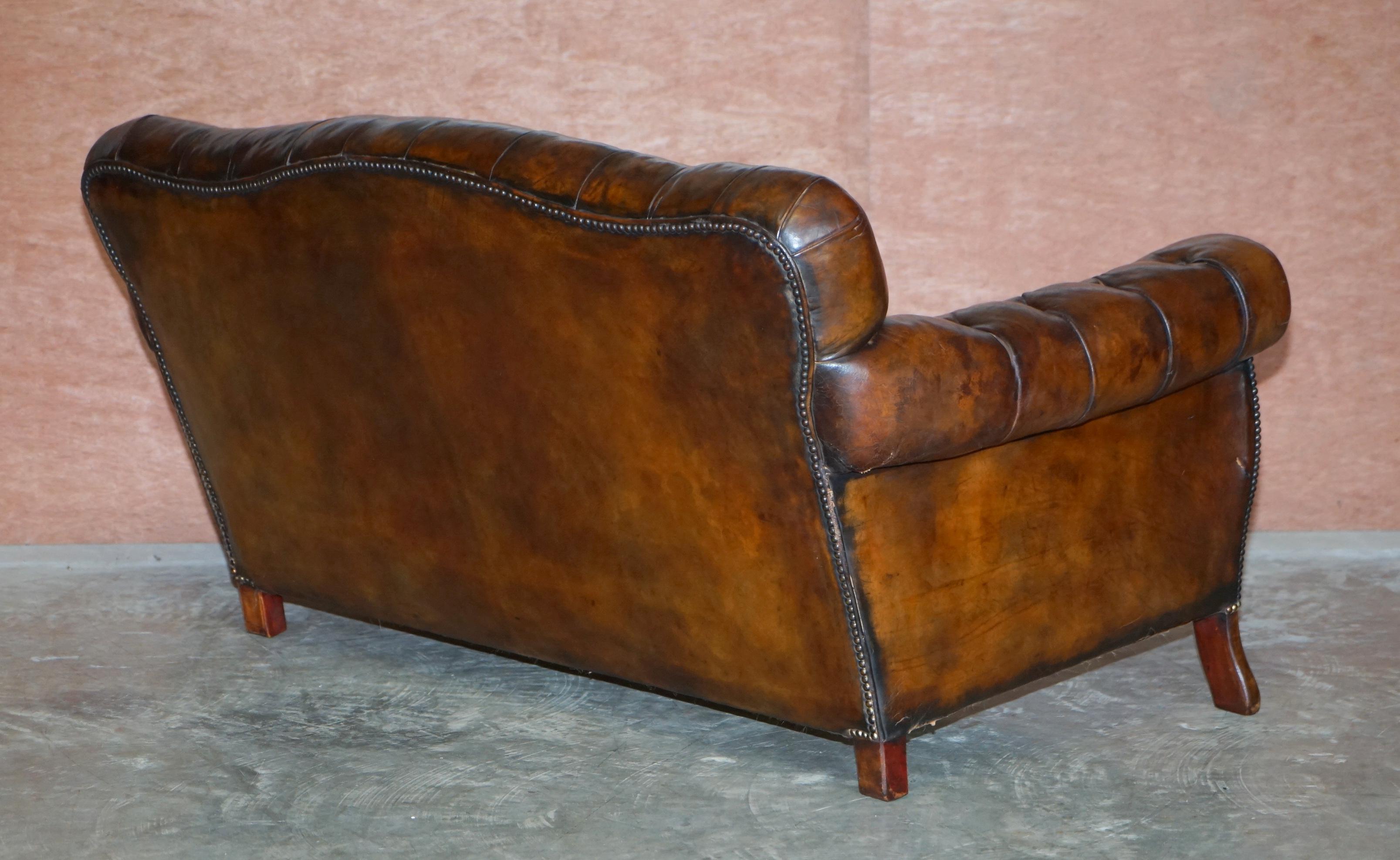 Restored Antique Art Nouveau Chesterfield Brown Leather Sofa Armchairs Suite 15
