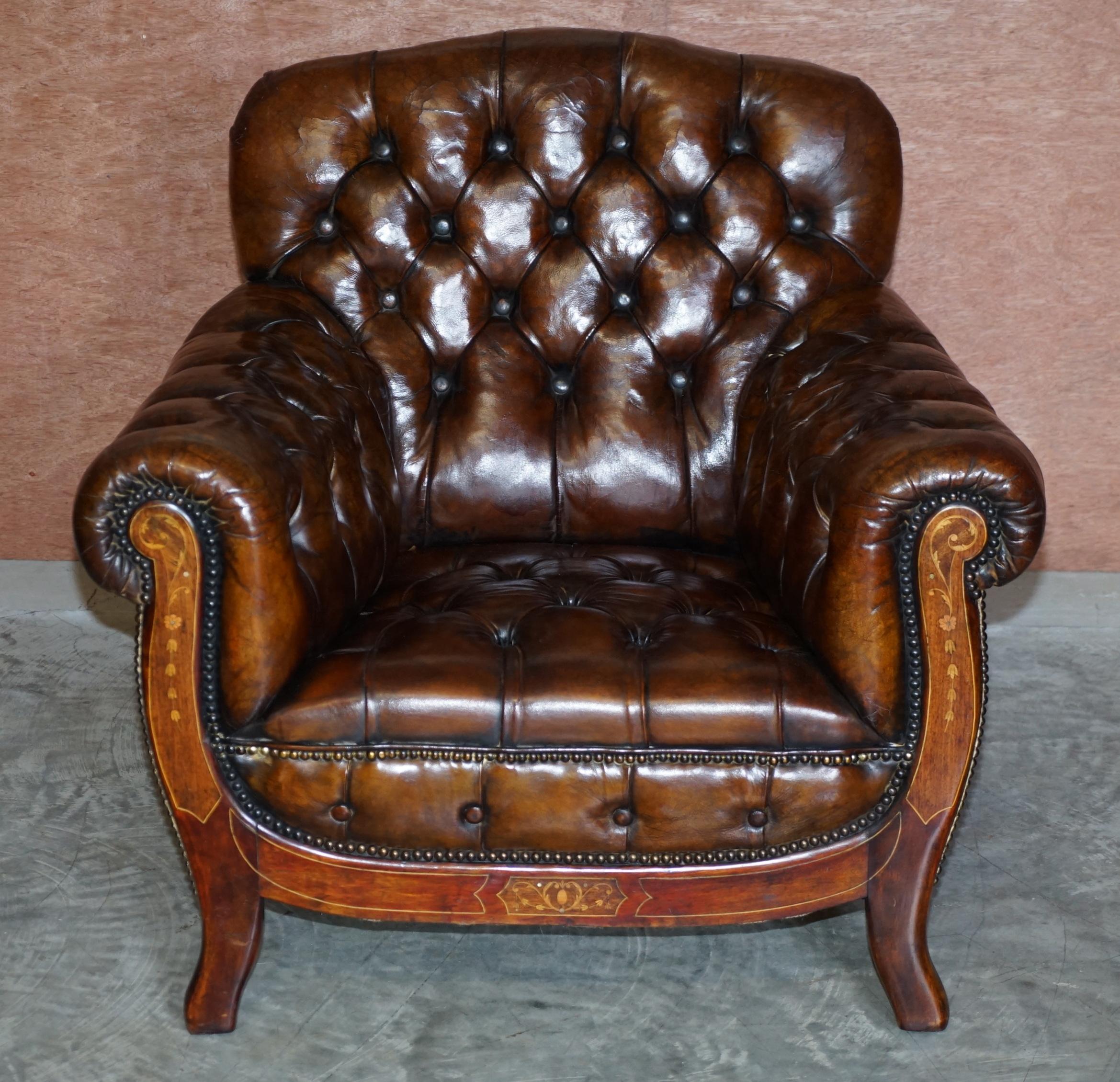 Hand-Crafted Restored Antique Art Nouveau Chesterfield Brown Leather Sofa Armchairs Suite