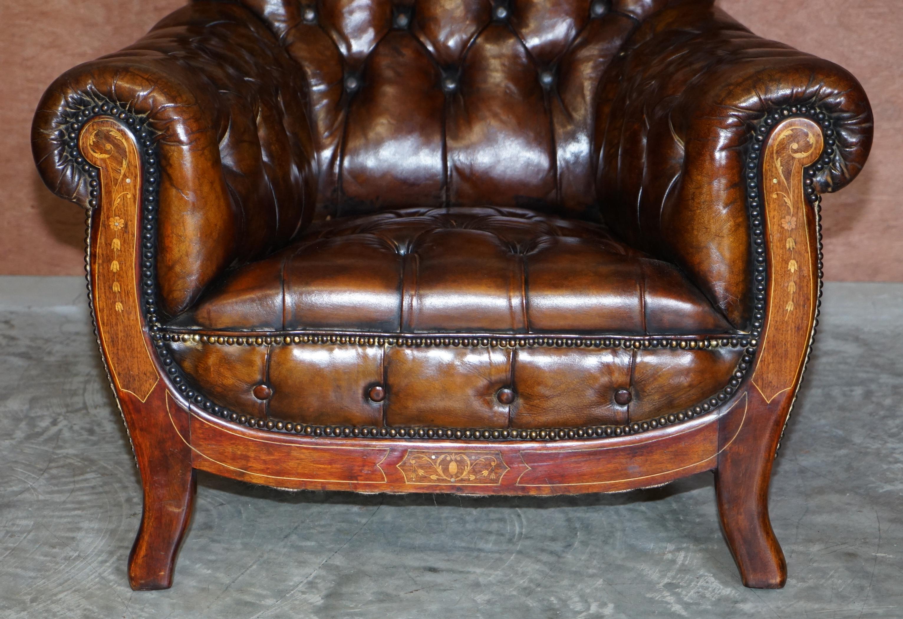 19th Century Restored Antique Art Nouveau Chesterfield Brown Leather Sofa Armchairs Suite