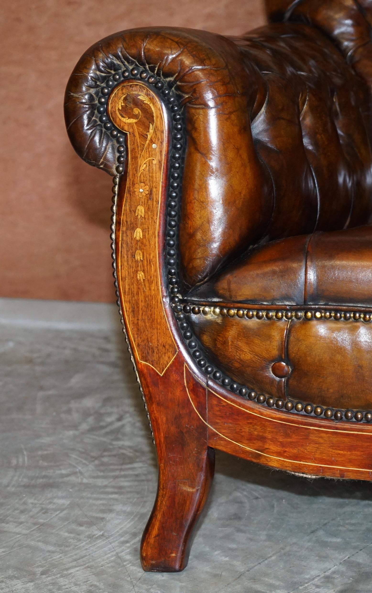 Restored Antique Art Nouveau Chesterfield Brown Leather Sofa Armchairs Suite 1