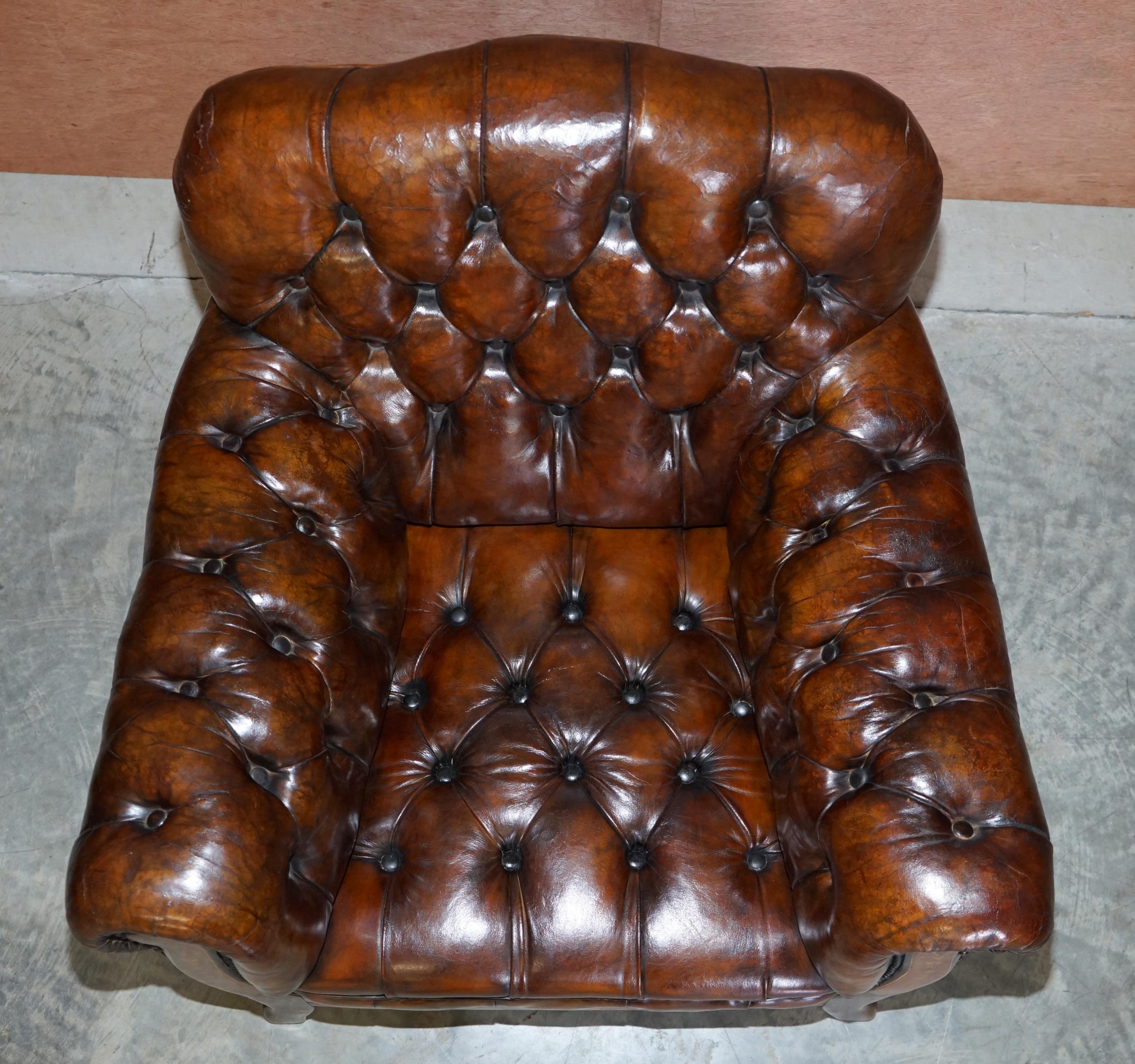 Restored Antique Art Nouveau Chesterfield Brown Leather Sofa Armchairs Suite 3