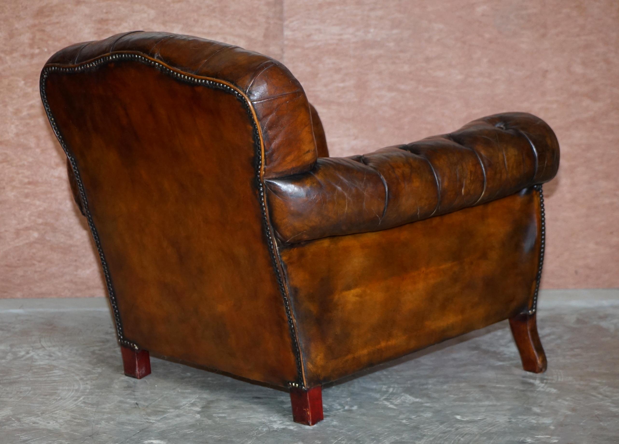Restored Antique Art Nouveau Chesterfield Brown Leather Sofa Armchairs Suite 3