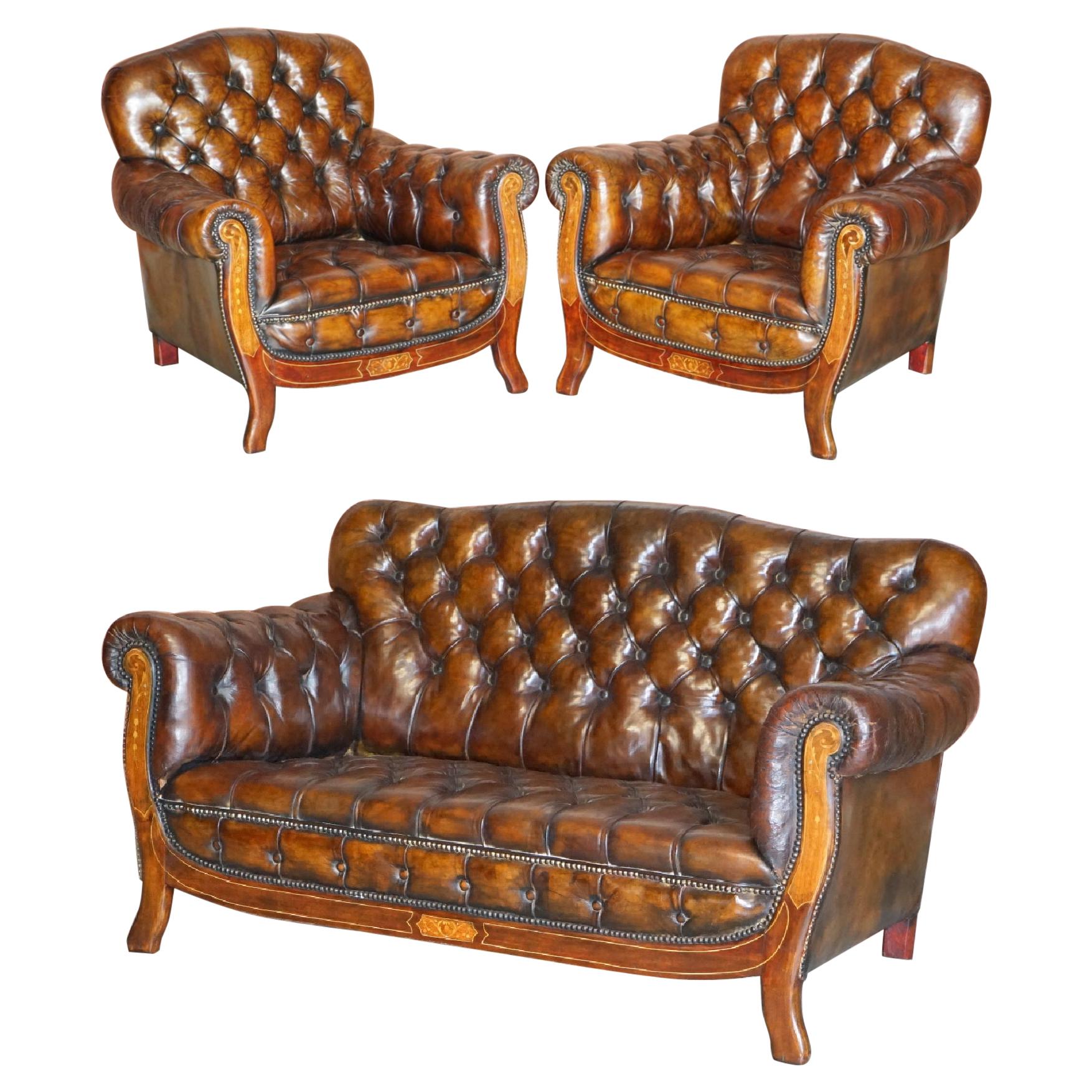 Restored Antique Art Nouveau Chesterfield Brown Leather Sofa Armchairs Suite