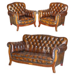 Canapé Art Nouveau Chesterfield en cuir marron restauré Suite de fauteuils