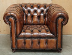 RESTORED ANTiQUE CHESTERFIELD CLUB ARMCHAIR BROWN LEATHER PORCELAIN CASTORS
