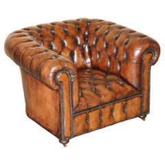 RESTORED Antique CHESTERFIELD CLUB ARMCHAIR BROWN LEATHER PORCELAIN CASTORS