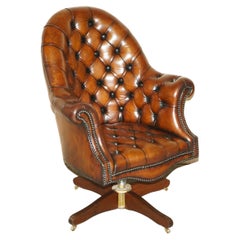 RESTORED ANTIQUE CIGAR BROWN LEATHER CHESTERFIELD DIRECTORS CAPTAiNS ARMCHAIR