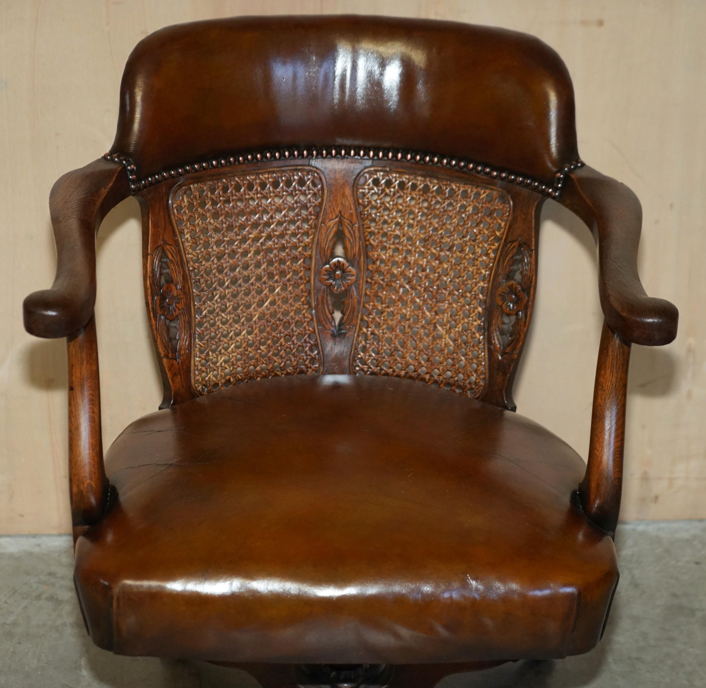 High Victorian RESTORED ANTIQUE CIRCA 1880 BERGERE & BROWN LEATHER BARREL BACK CAPTAiNS CHAIR For Sale