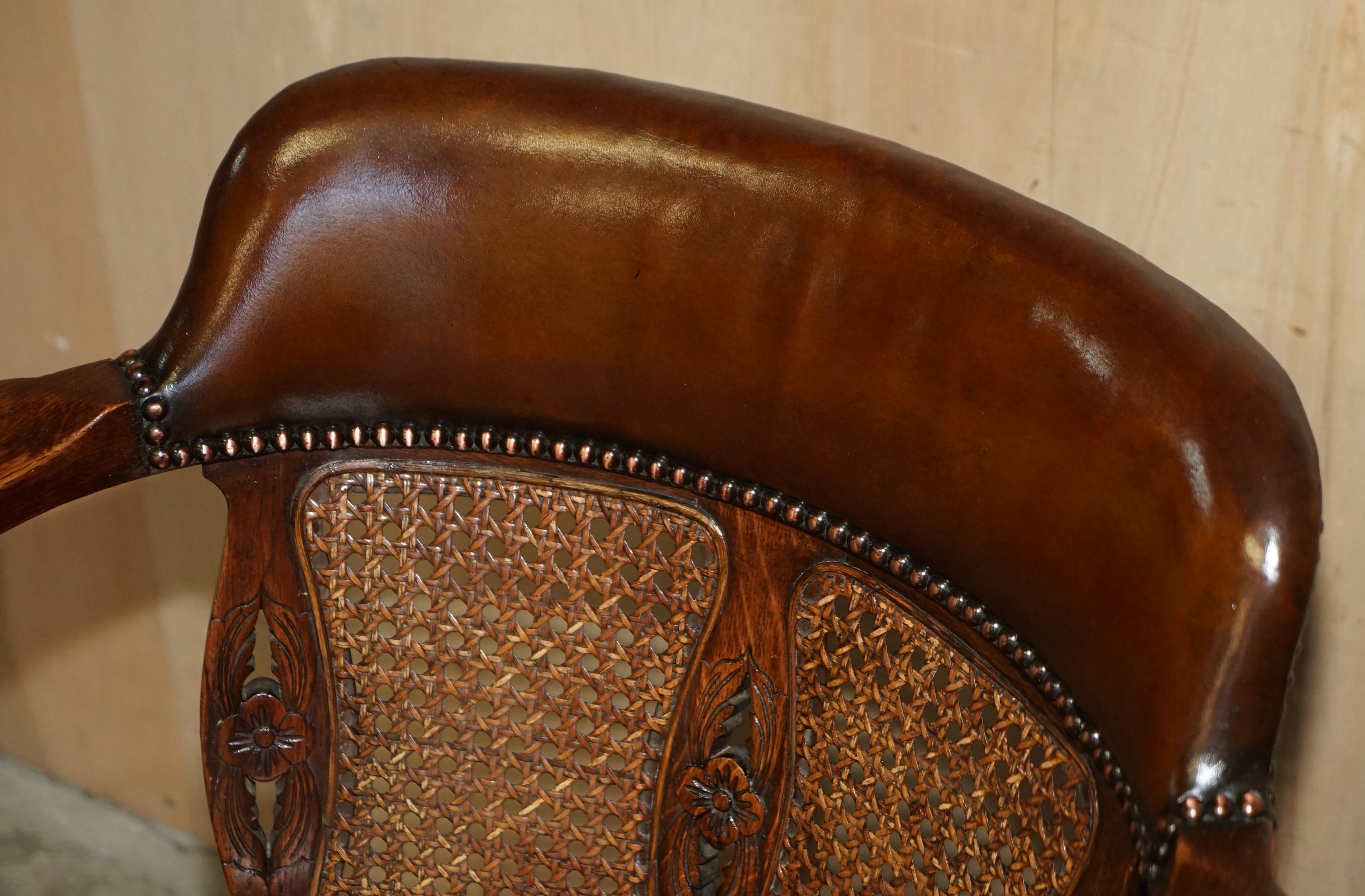 Late 19th Century RESTORED ANTIQUE CIRCA 1880 BERGERE & BROWN LEATHER BARREL BACK CAPTAiNS CHAIR For Sale