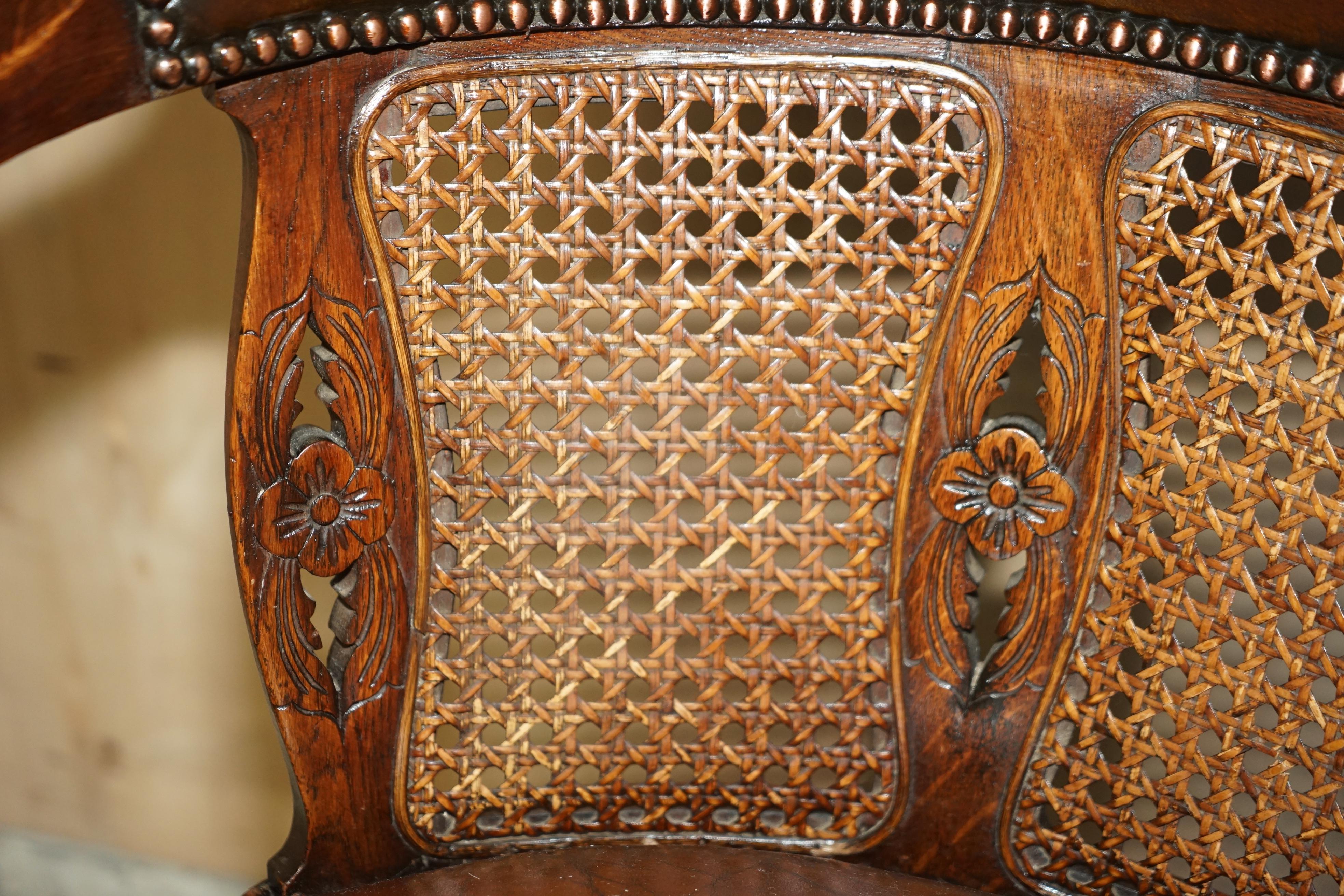 Leather RESTORED ANTIQUE CIRCA 1880 BERGERE & BROWN LEATHER BARREL BACK CAPTAiNS CHAIR