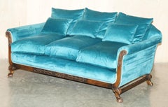RESTORIERT ANTIQUE CIRCA 1900 BLAUE VELVET CLAW & BALL FEET SOFA & ARMCHAIR SUiTE