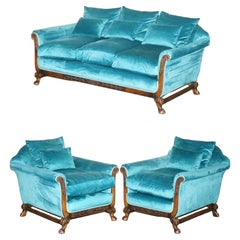 RESTORED ANTIQUE CIRCA 1900 BLUE VELVET CLAW & BALL FEET SOFA & ARMCHAIR SUiTE