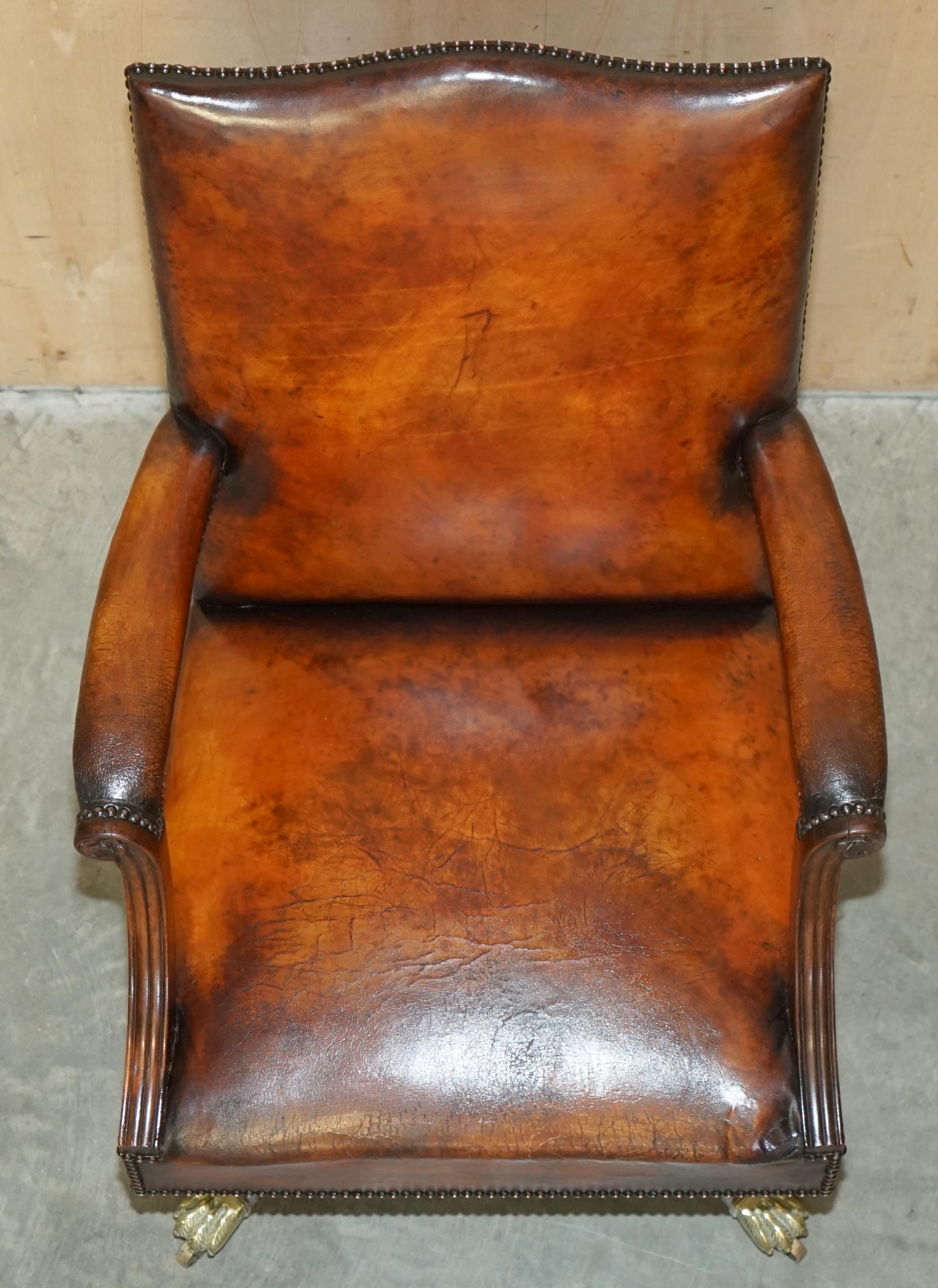 RESTORED ANTiQUE CIRCA 1940 WHISKY BROWN LEATHER CAPTAINS CHAIR HAIRY PAW FEET 8