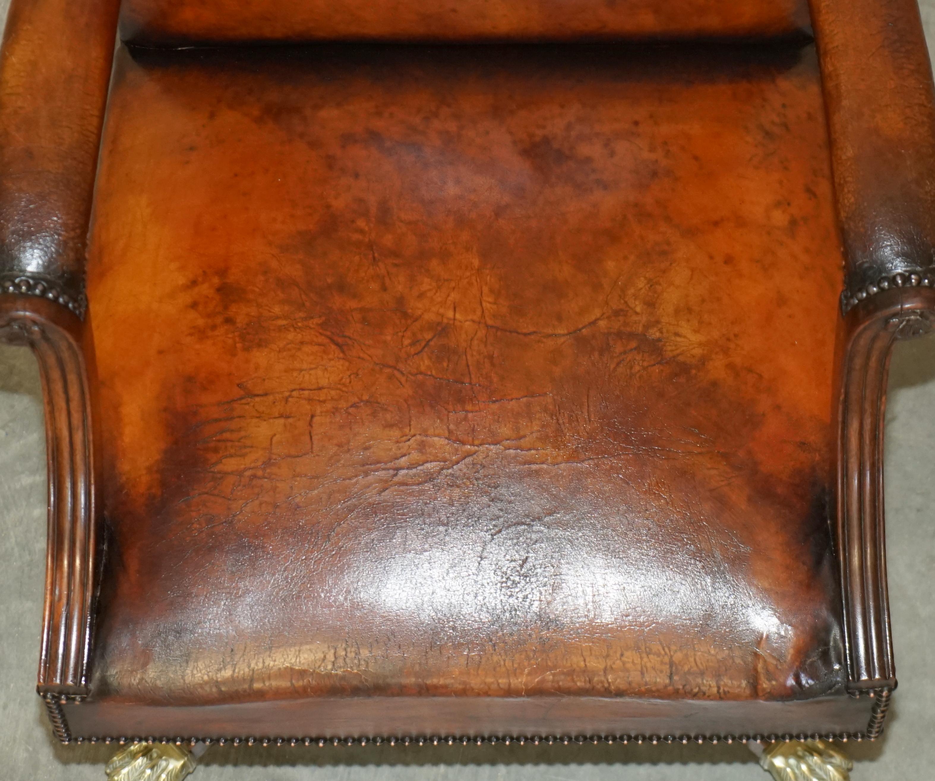 RESTORED ANTiQUE CIRCA 1940 WHISKY BROWN LEATHER CAPTAINS CHAIR HAIRY PAW FEET 9