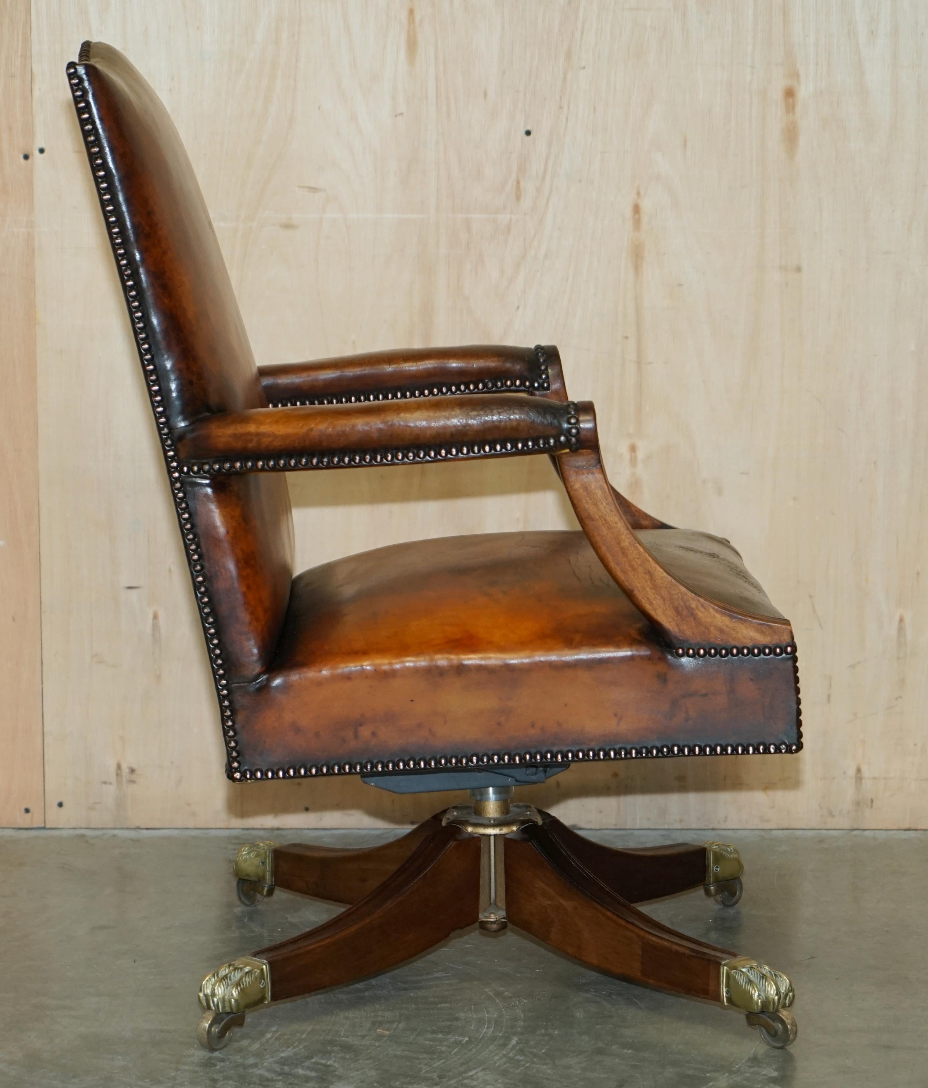 RESTORED ANTiQUE CIRCA 1940 WHISKY BROWN LEATHER CAPTAINS CHAIR HAIRY PAW FEET 10