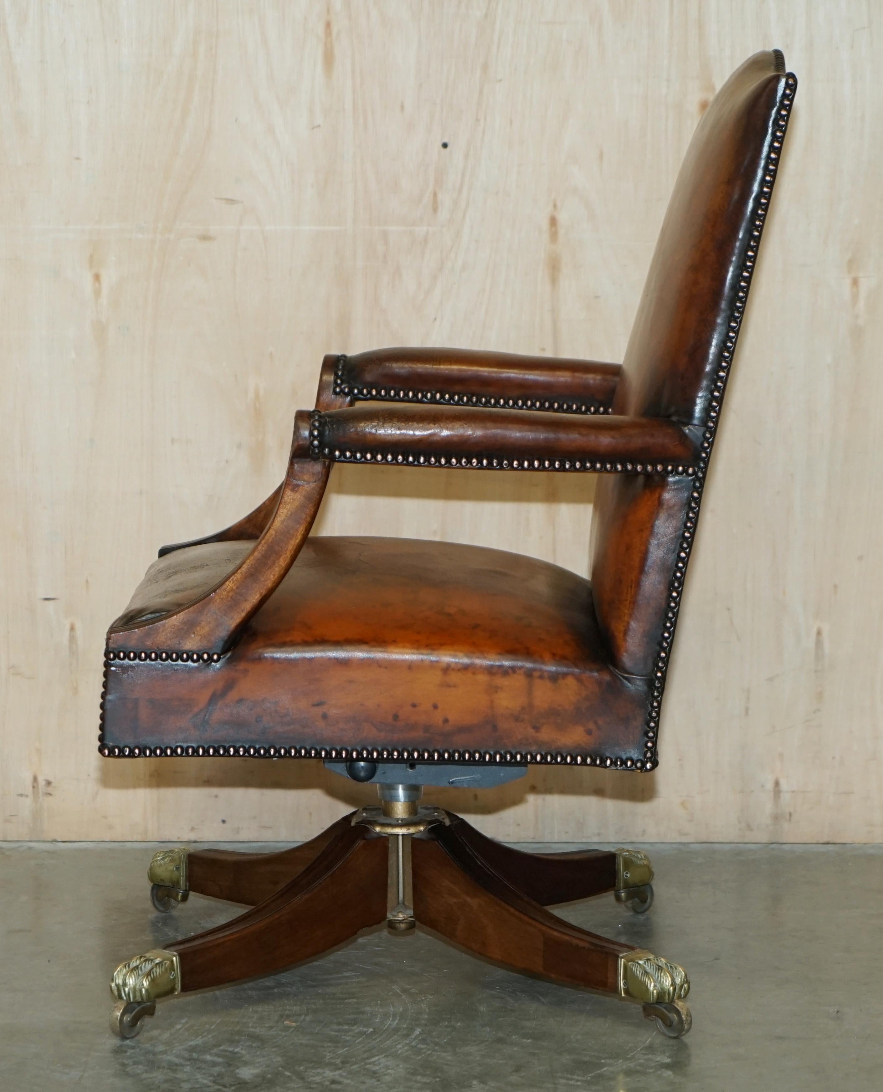 RESTORED ANTiQUE CIRCA 1940 WHISKY BROWN LEATHER CAPTAINS CHAIR HAIRY PAW FEET 12