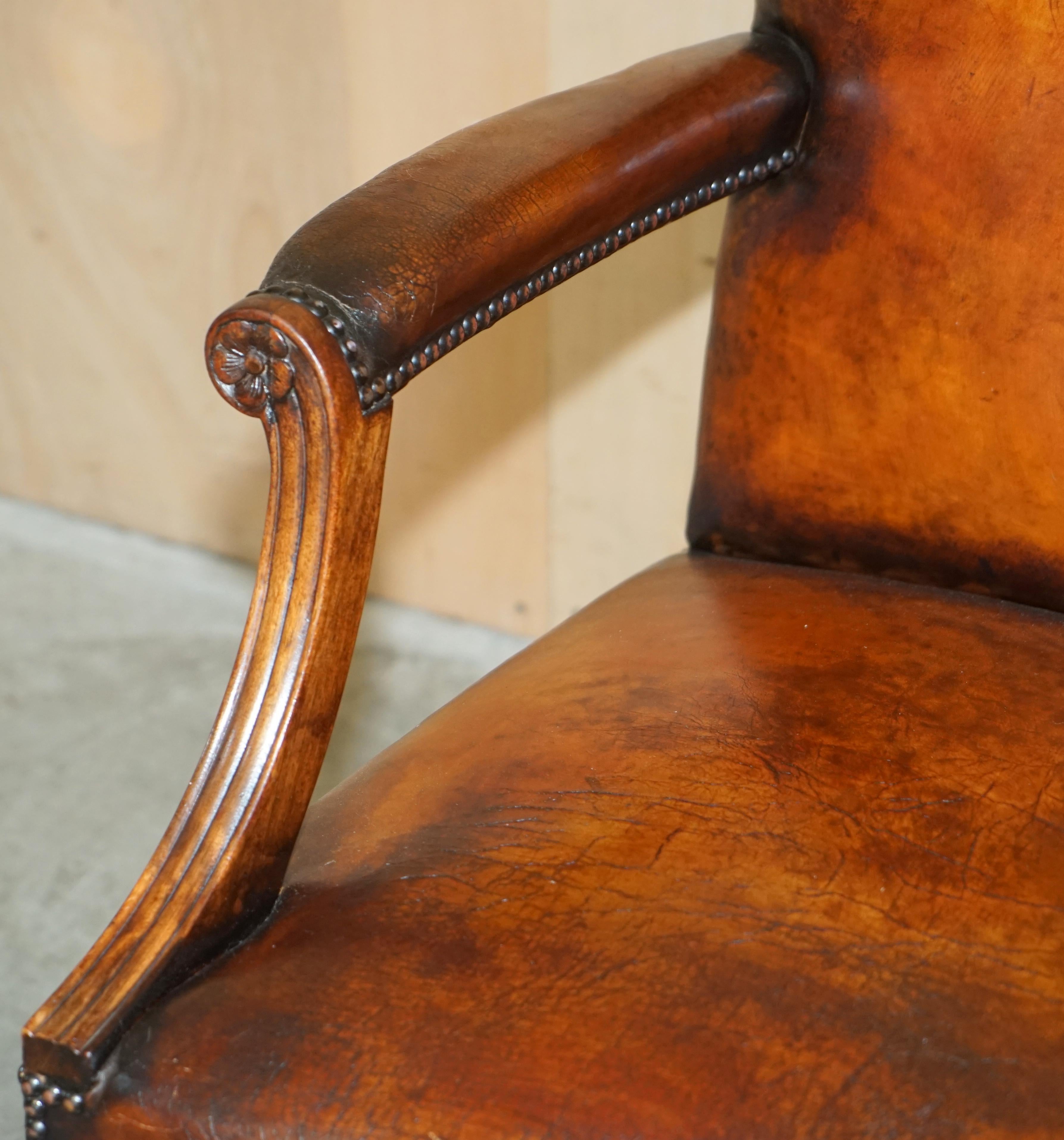 Brass RESTORED ANTiQUE CIRCA 1940 WHISKY BROWN LEATHER CAPTAINS CHAIR HAIRY PAW FEET