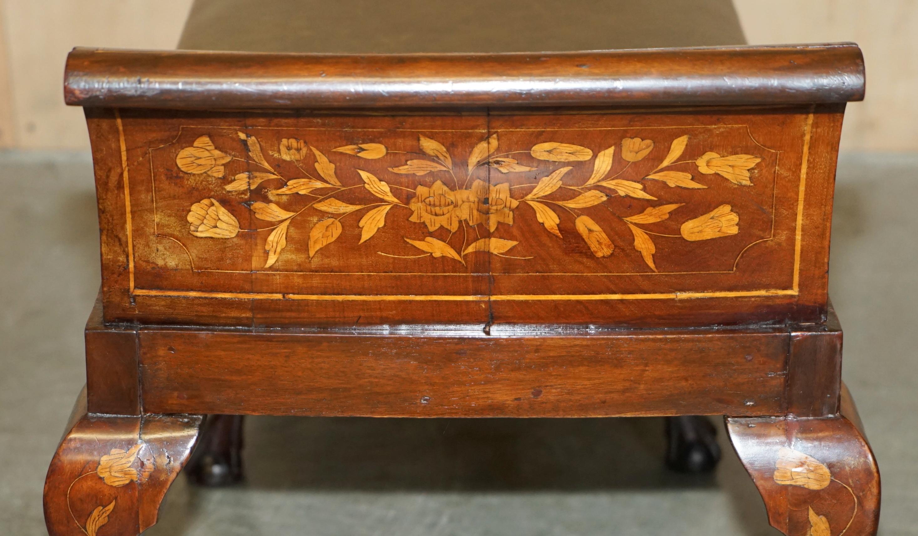 RESTORED ANTiQUE DUTCH MARQUETRY INLAID CLAW & BALL FEET BROWN LEATHER BENCH 12