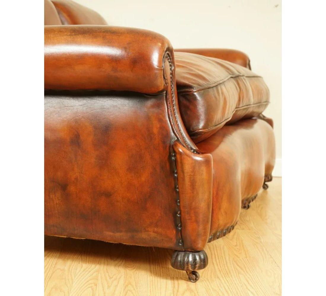 Restored Antique Edwardian Hand Dyed Whisky Brown Sofa Feather Filled Cushion For Sale 3