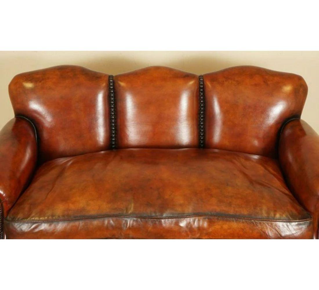 Restored Antique Edwardian Hand Dyed Whisky Brown Sofa Feather Filled Cushion In Good Condition For Sale In Pulborough, GB