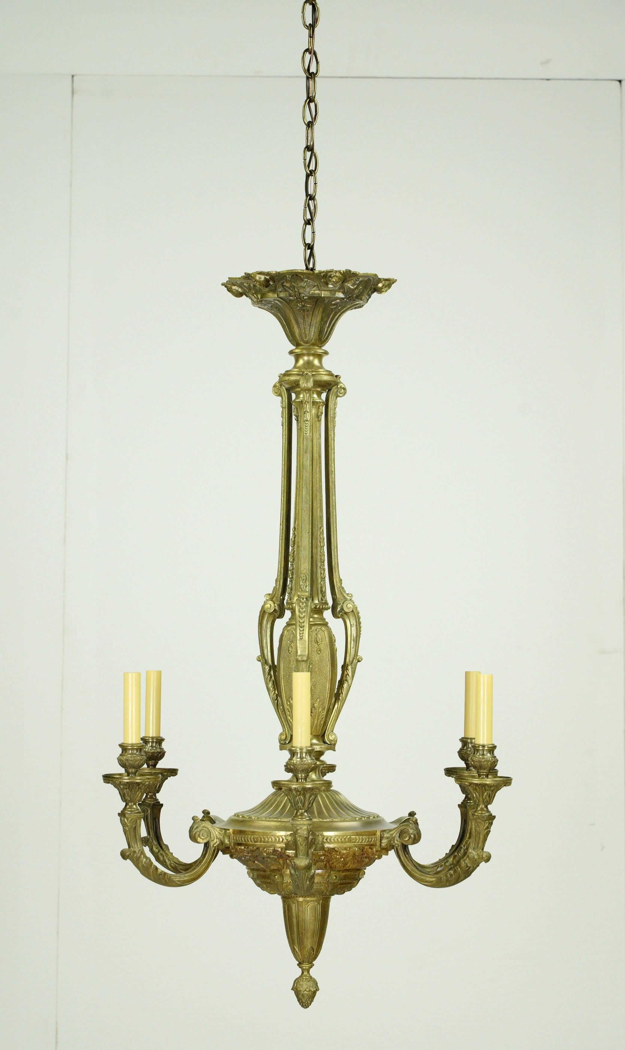 Restored Antique French Bronze Ornate 6 Arm Chandelier In Good Condition For Sale In New York, NY