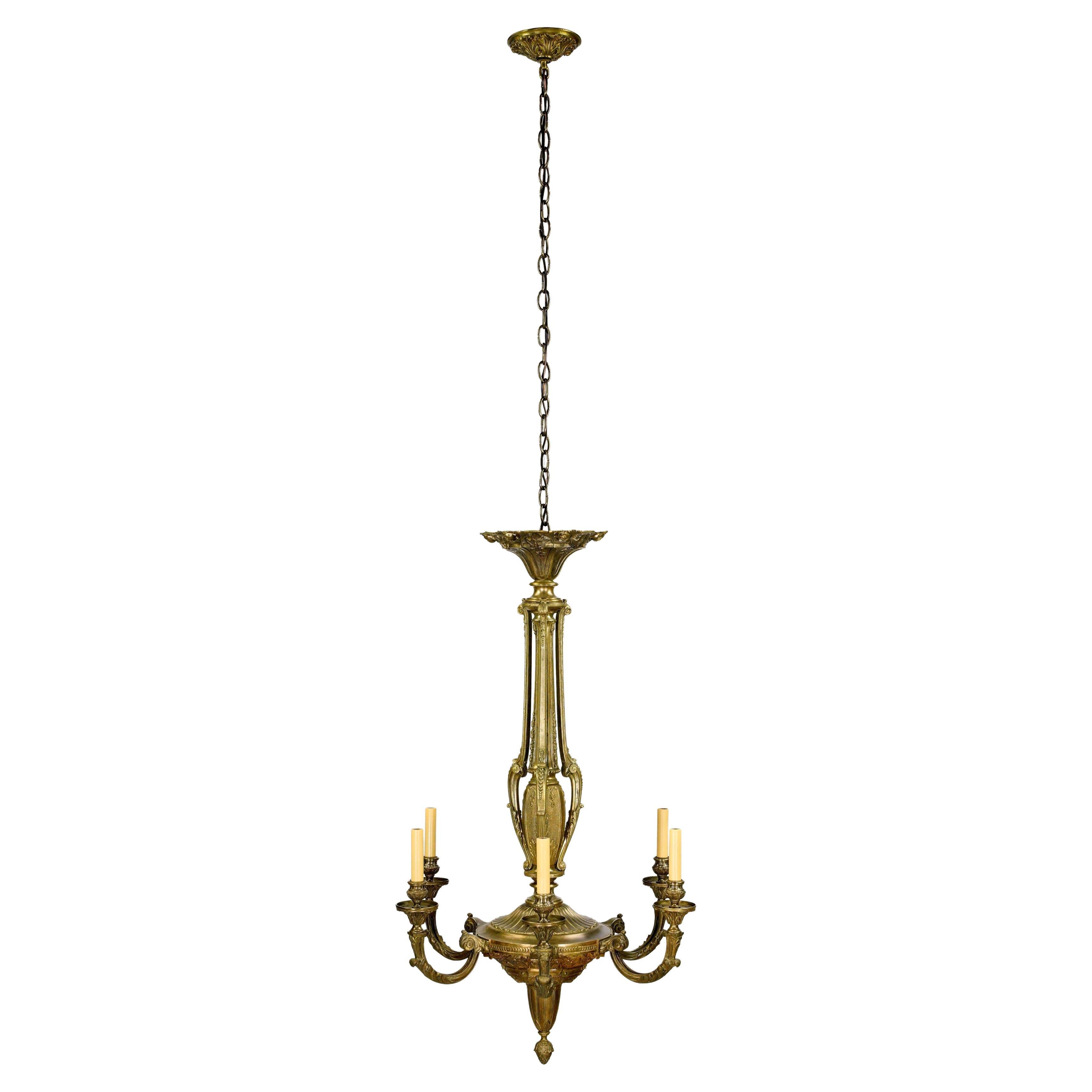 Restored Antique French Bronze Ornate 6 Arm Chandelier For Sale