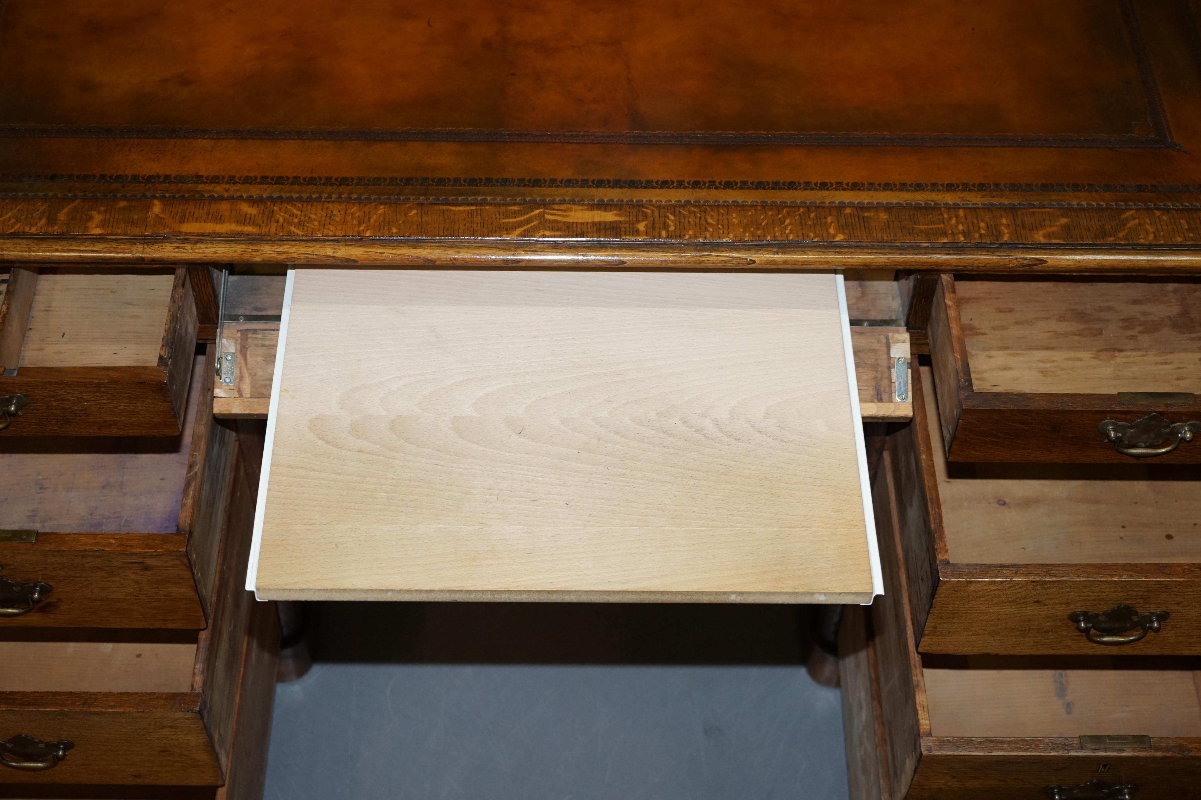 Restored Antique Georgain 1820 Double Sided Oak Pedestal Desk Brown Leather 4