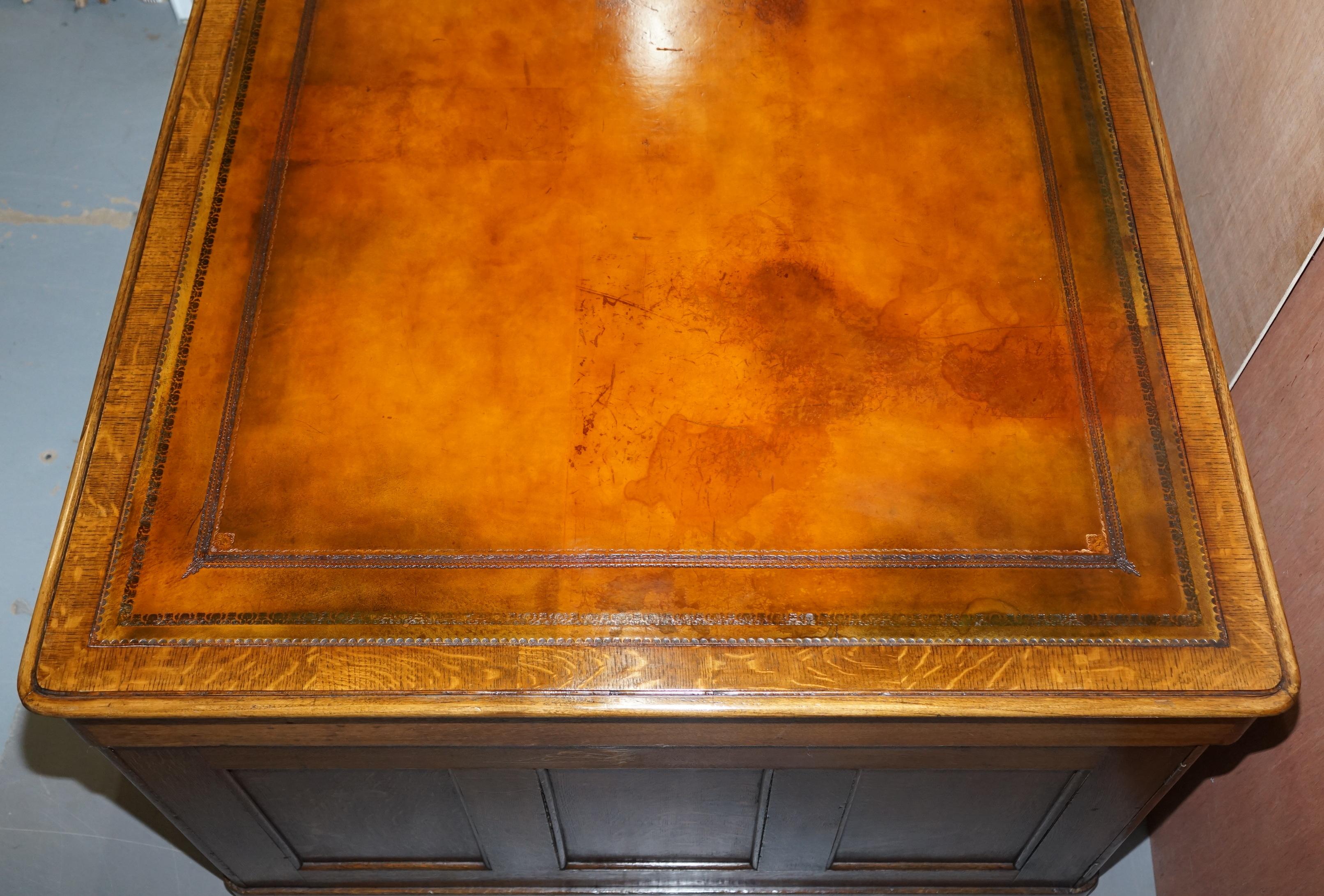 Restored Antique Georgain 1820 Double Sided Oak Pedestal Desk Brown Leather 9