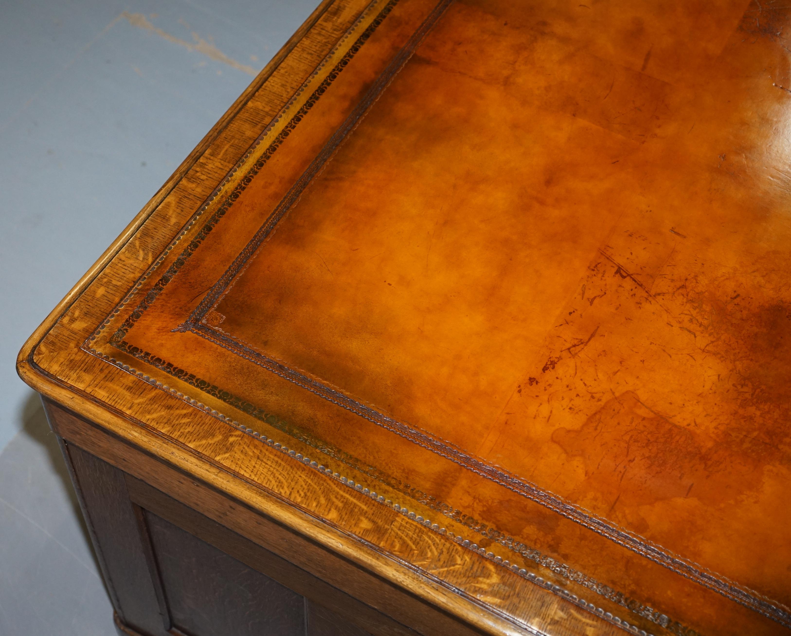 Restored Antique Georgain 1820 Double Sided Oak Pedestal Desk Brown Leather 10