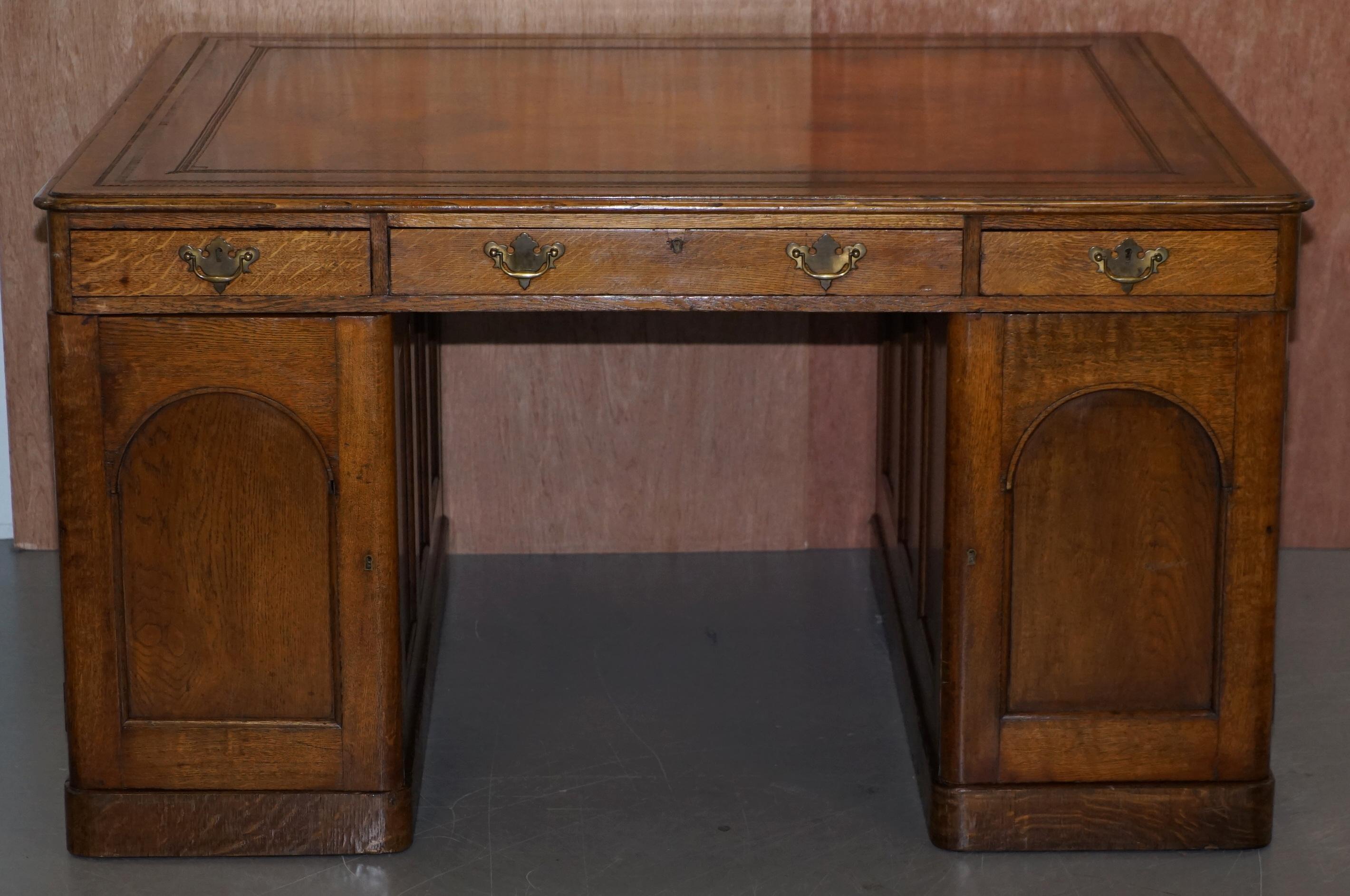 Restored Antique Georgain 1820 Double Sided Oak Pedestal Desk Brown Leather 11