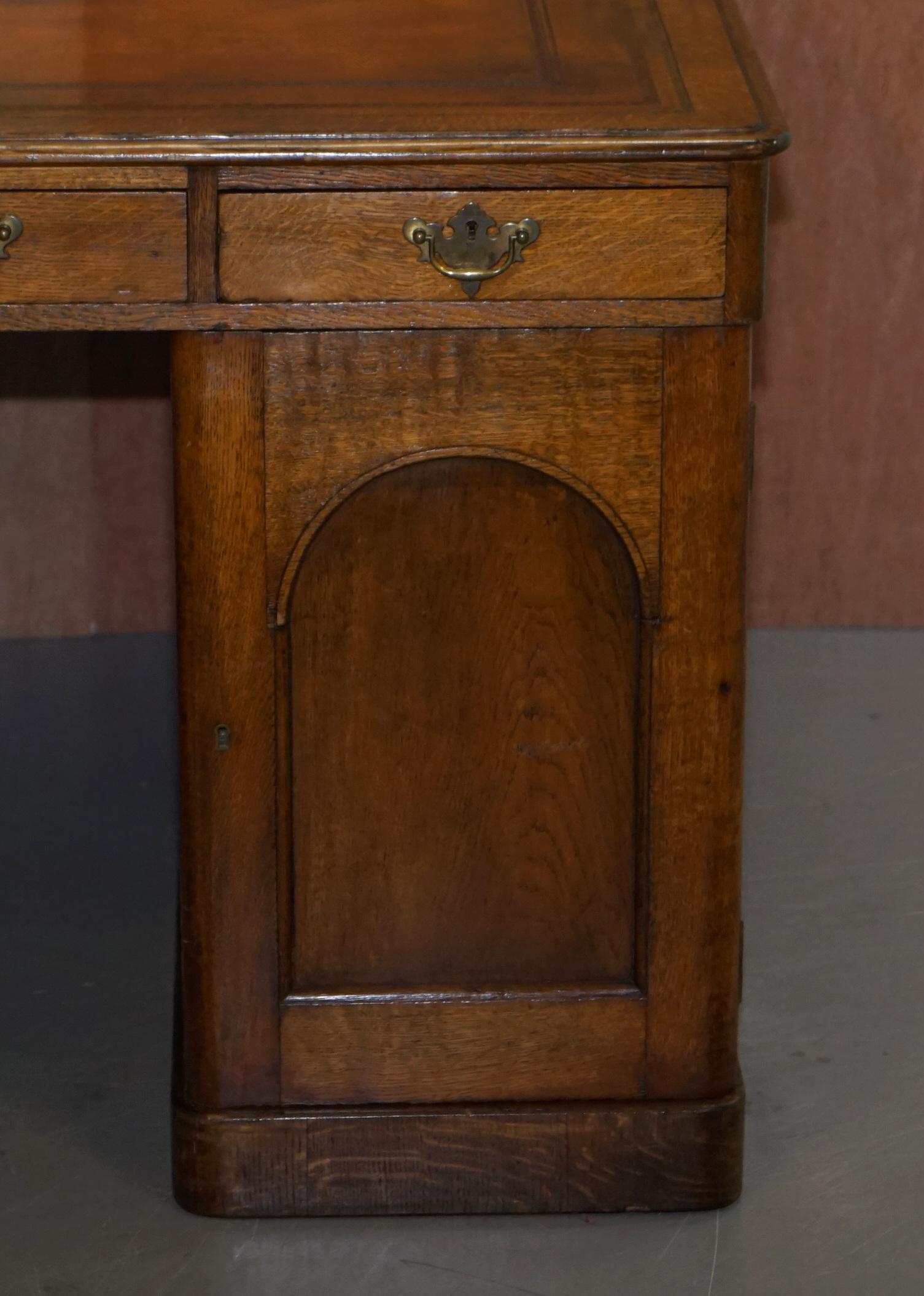 Restored Antique Georgain 1820 Double Sided Oak Pedestal Desk Brown Leather 12