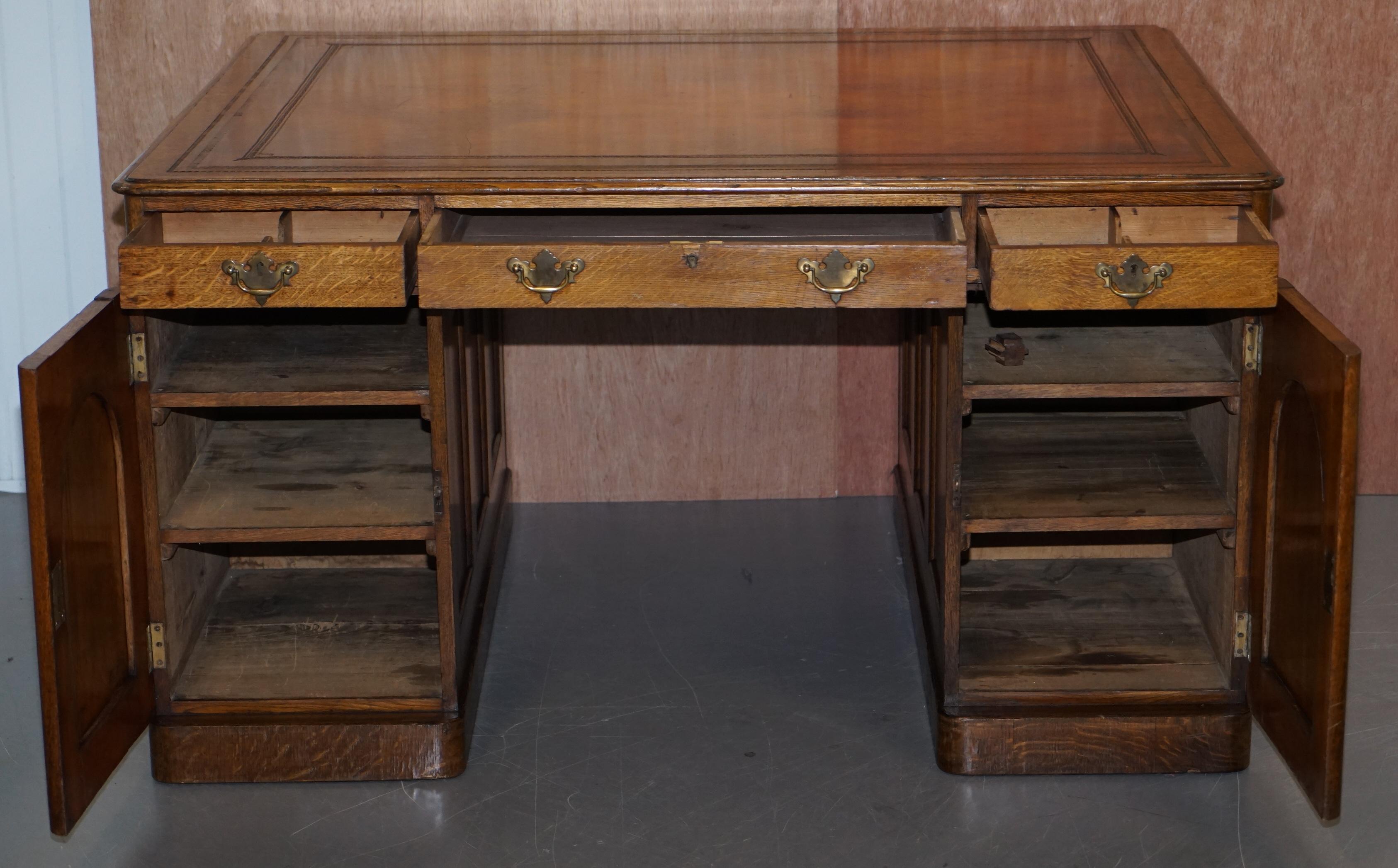 Restored Antique Georgain 1820 Double Sided Oak Pedestal Desk Brown Leather 13