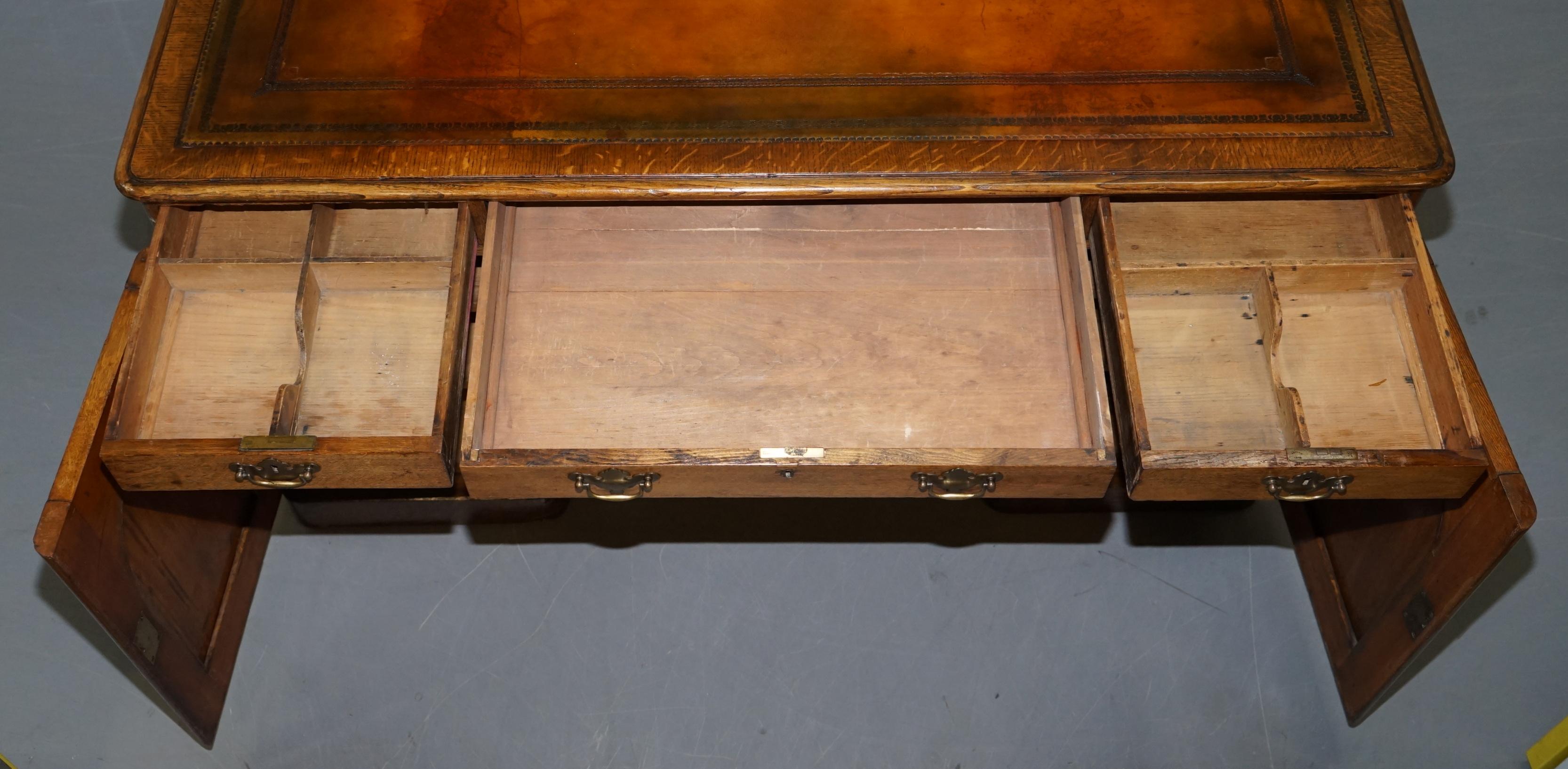 Restored Antique Georgain 1820 Double Sided Oak Pedestal Desk Brown Leather 14