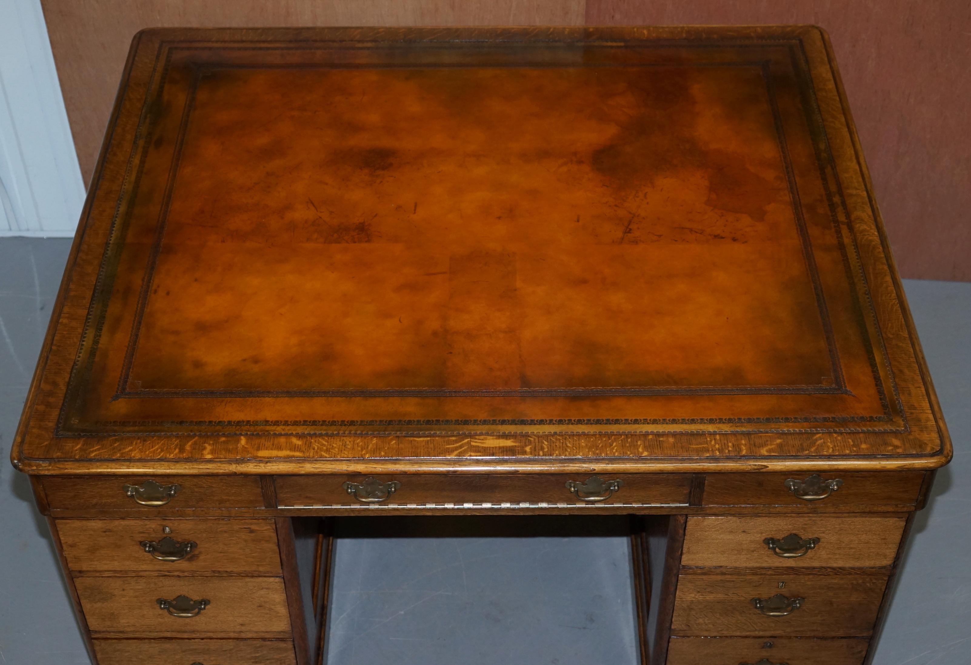 Georgian Restored Antique Georgain 1820 Double Sided Oak Pedestal Desk Brown Leather