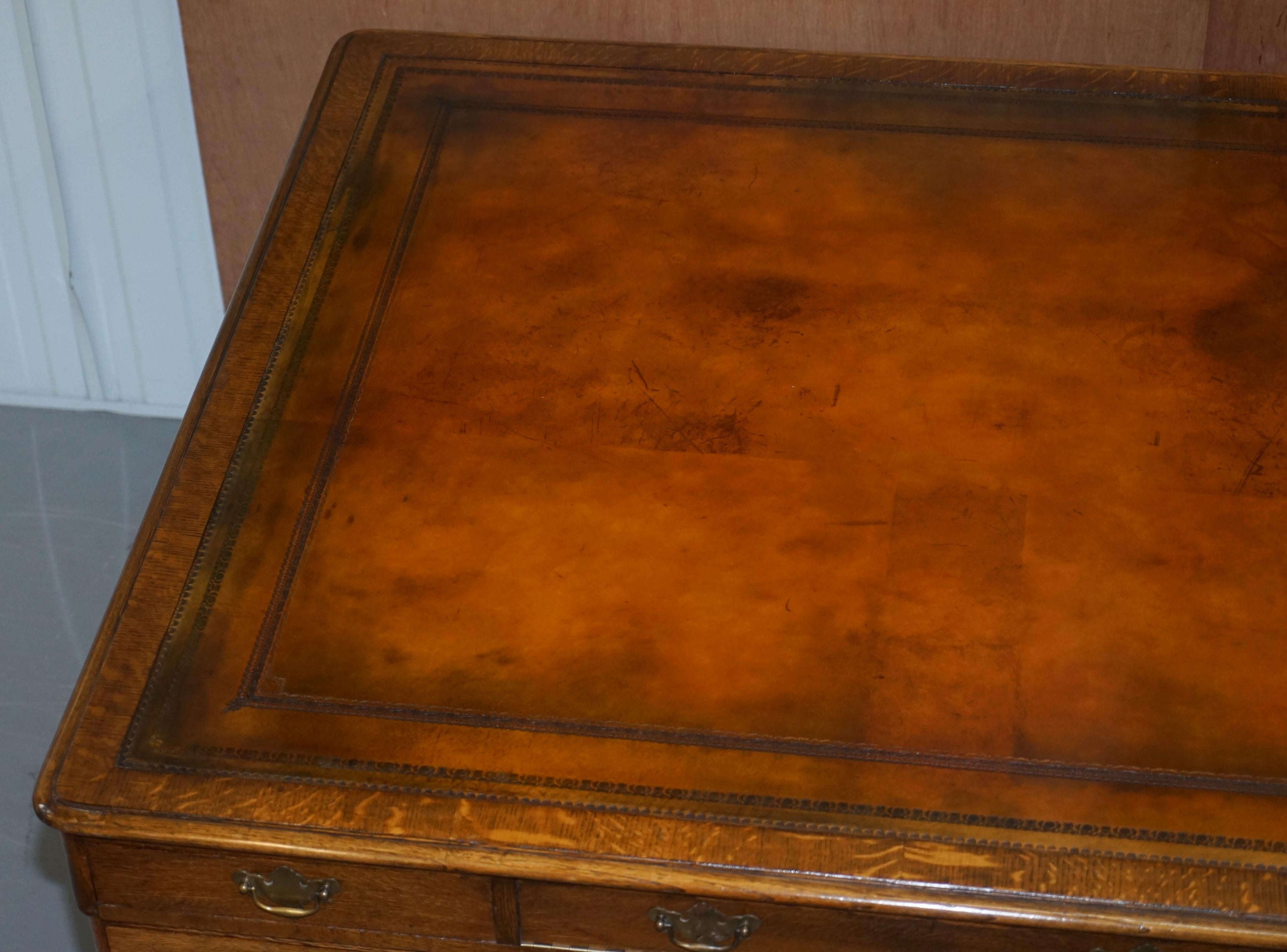 English Restored Antique Georgain 1820 Double Sided Oak Pedestal Desk Brown Leather