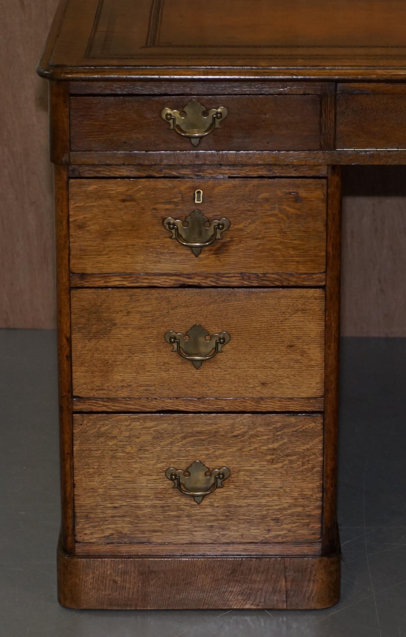 Early 19th Century Restored Antique Georgain 1820 Double Sided Oak Pedestal Desk Brown Leather