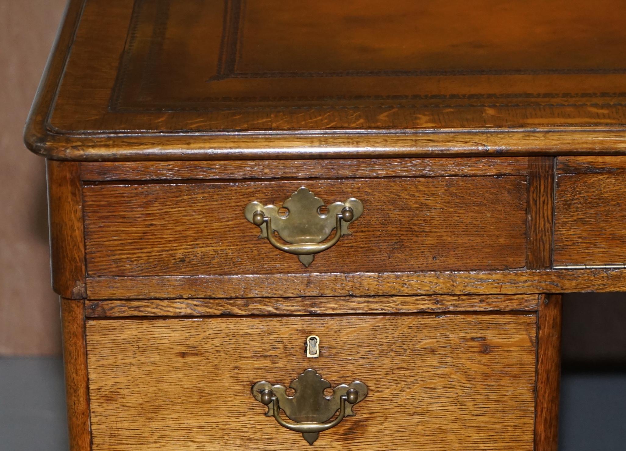 Restored Antique Georgain 1820 Double Sided Oak Pedestal Desk Brown Leather 1