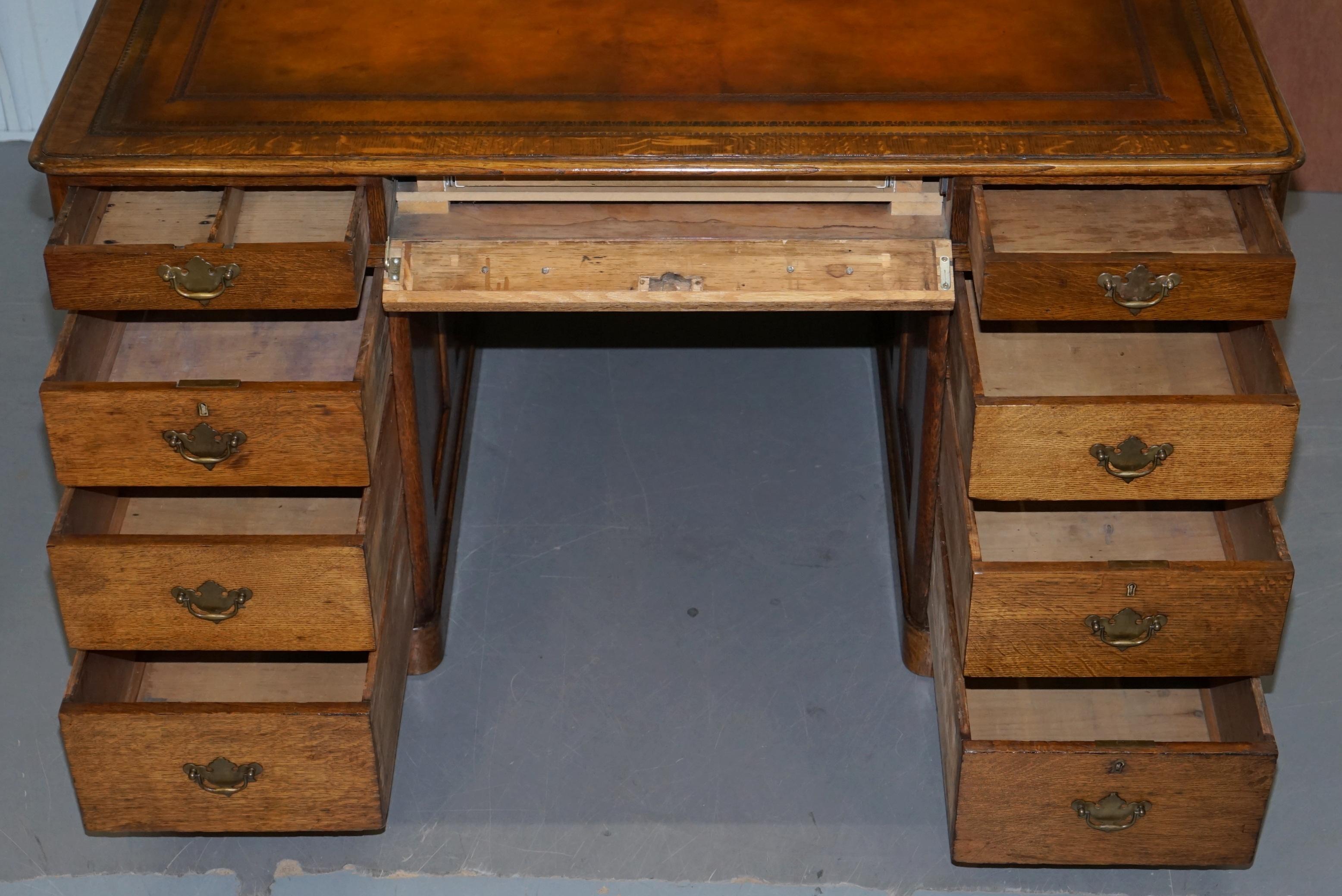 Restored Antique Georgain 1820 Double Sided Oak Pedestal Desk Brown Leather 2